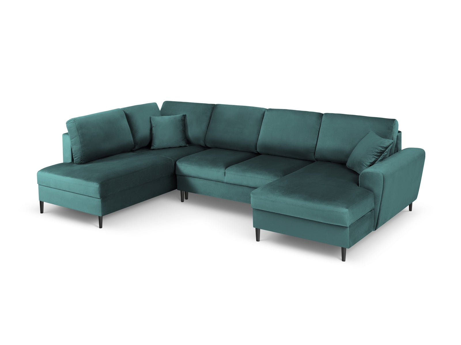 Elegantes Kyoto Velour Panoramic Ecksofa links in Petrol-Riviera, 7 Sitzer, bietet praktischen Stauraum und eine komfortable Schlaffunktion.