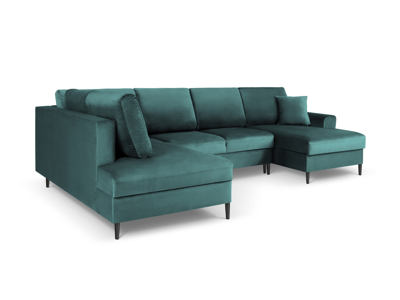 Elegantes Kyoto Velour Panoramic Ecksofa links in Petrol-Riviera, 7 Sitzer, bietet praktischen Stauraum und eine komfortable Schlaffunktion.