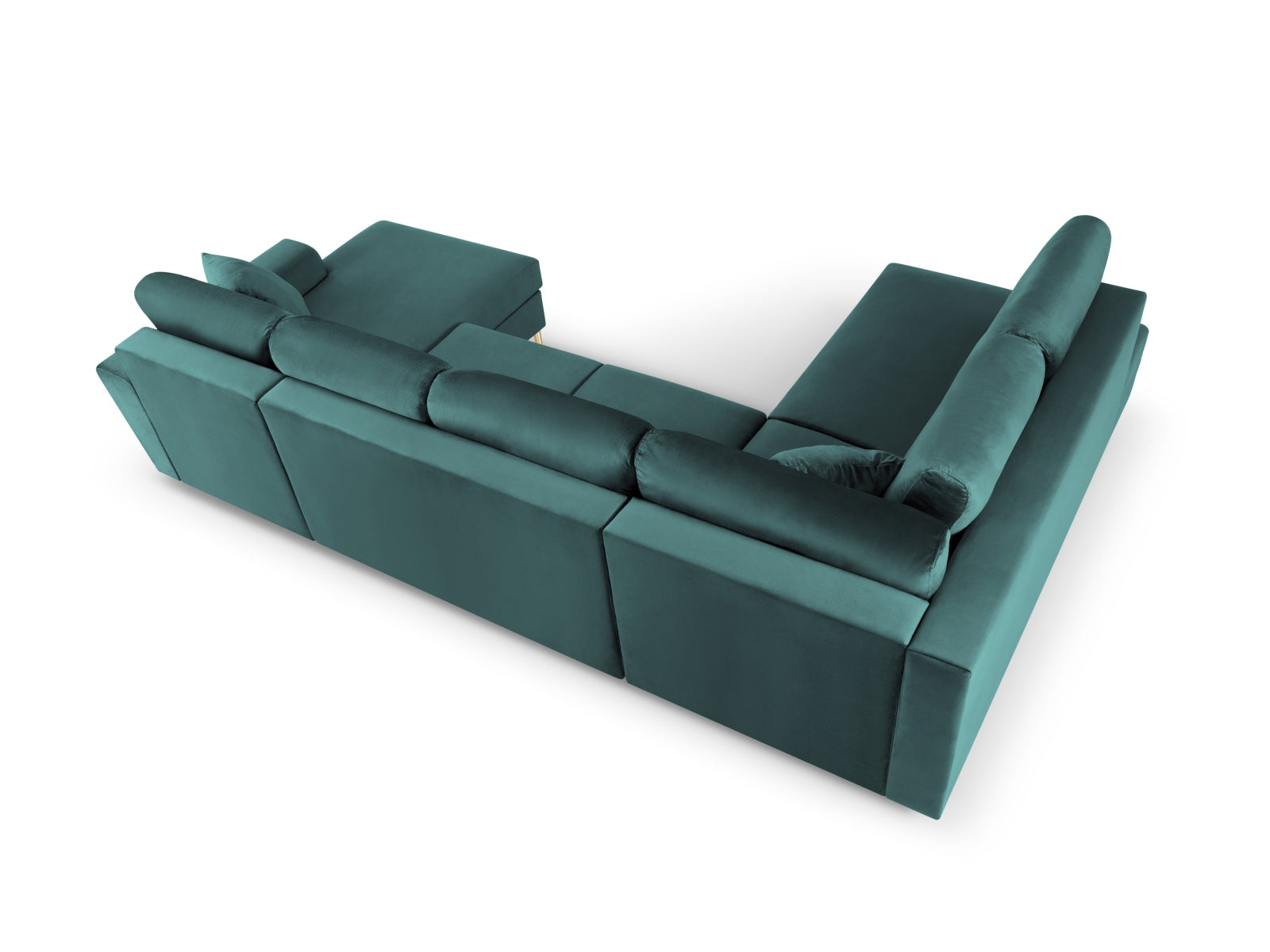 Stylisches Kyoto Velour Panoramic Ecksofa links in Petrol-Riviera, 7 Sitzer, ideal für Wohnräume mit Stauraum und Schlaffunktion.