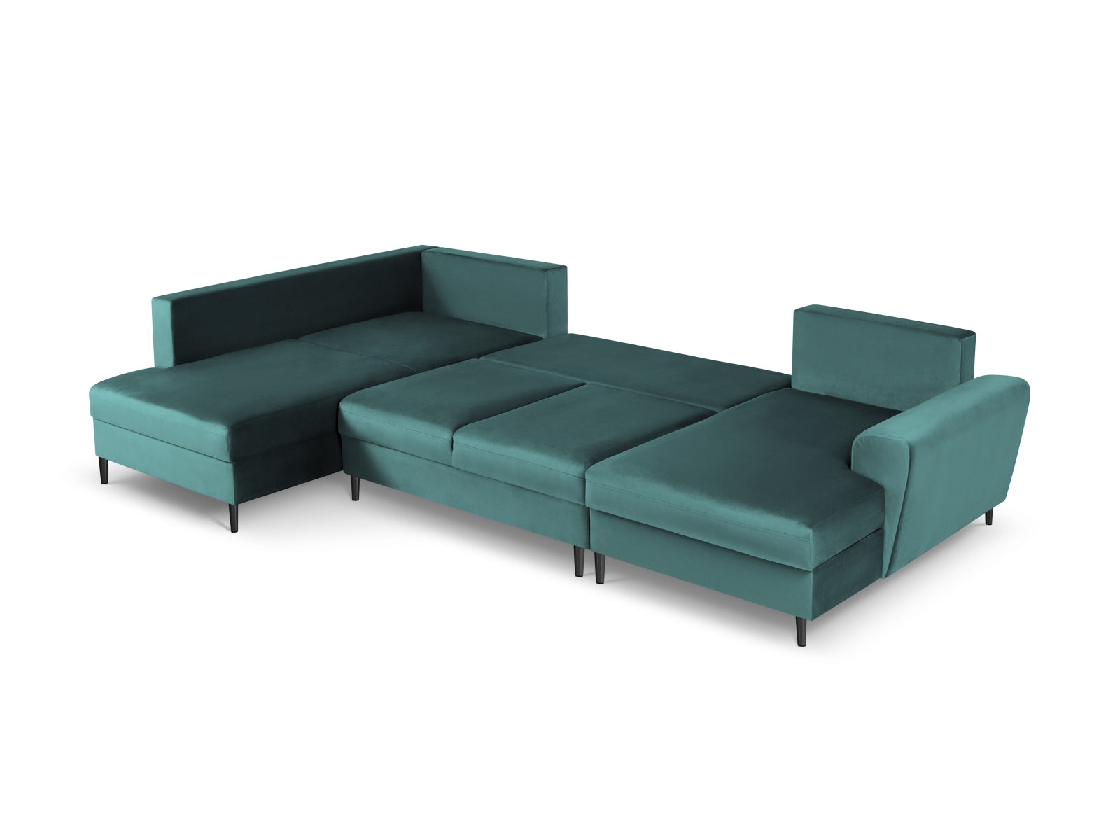 Elegantes Kyoto Velour Panoramic Ecksofa links in Petrol-Riviera, 7 Sitzer, bietet praktischen Stauraum und eine komfortable Schlaffunktion.