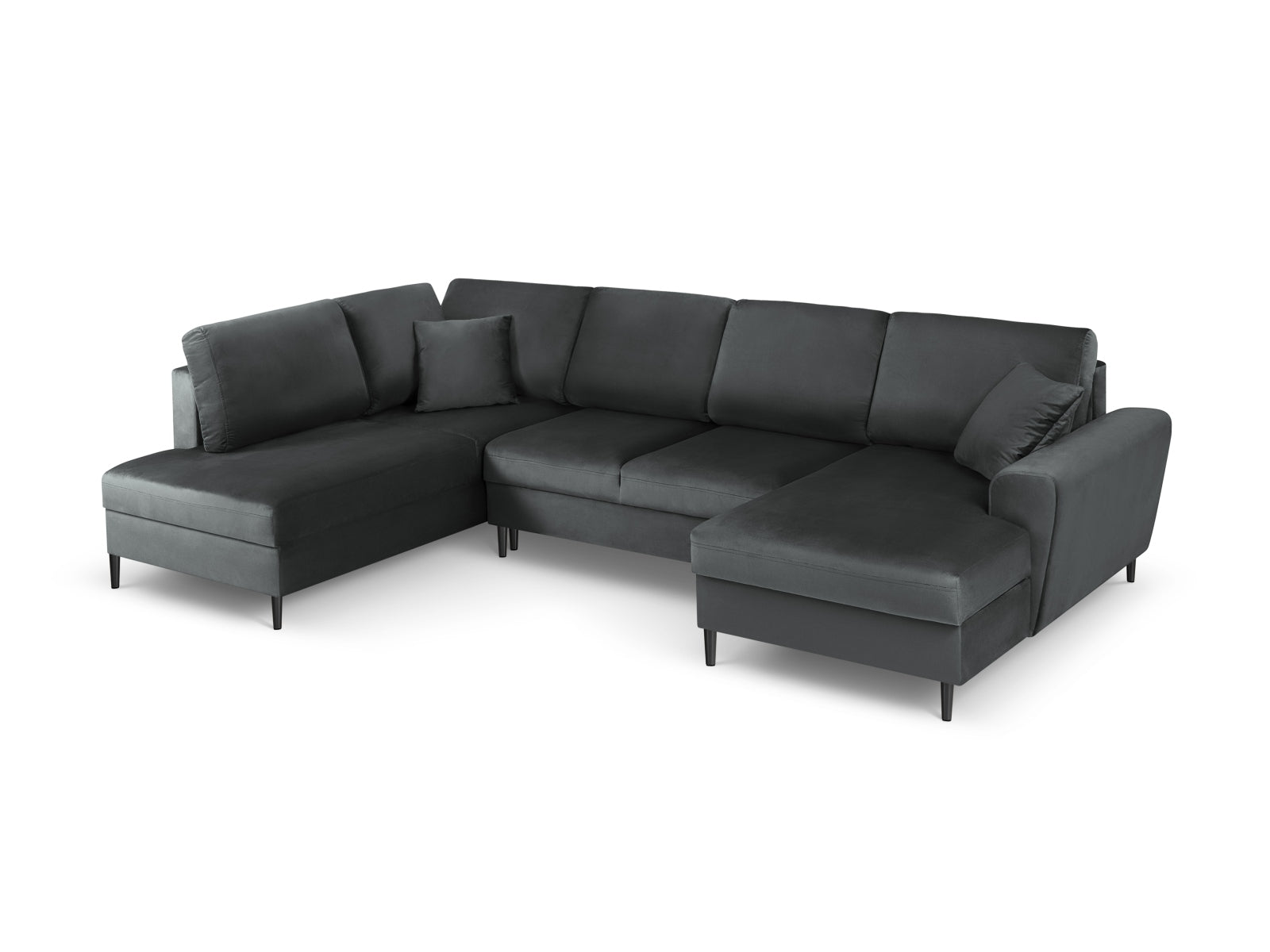 Elegantes Kyoto Velour Panoramic Ecksofa links in Dunkelgrau, 7-Sitzer mit praktischem Stauraum und komfortabler Schlaffunktion für Übernachtungsgäste.