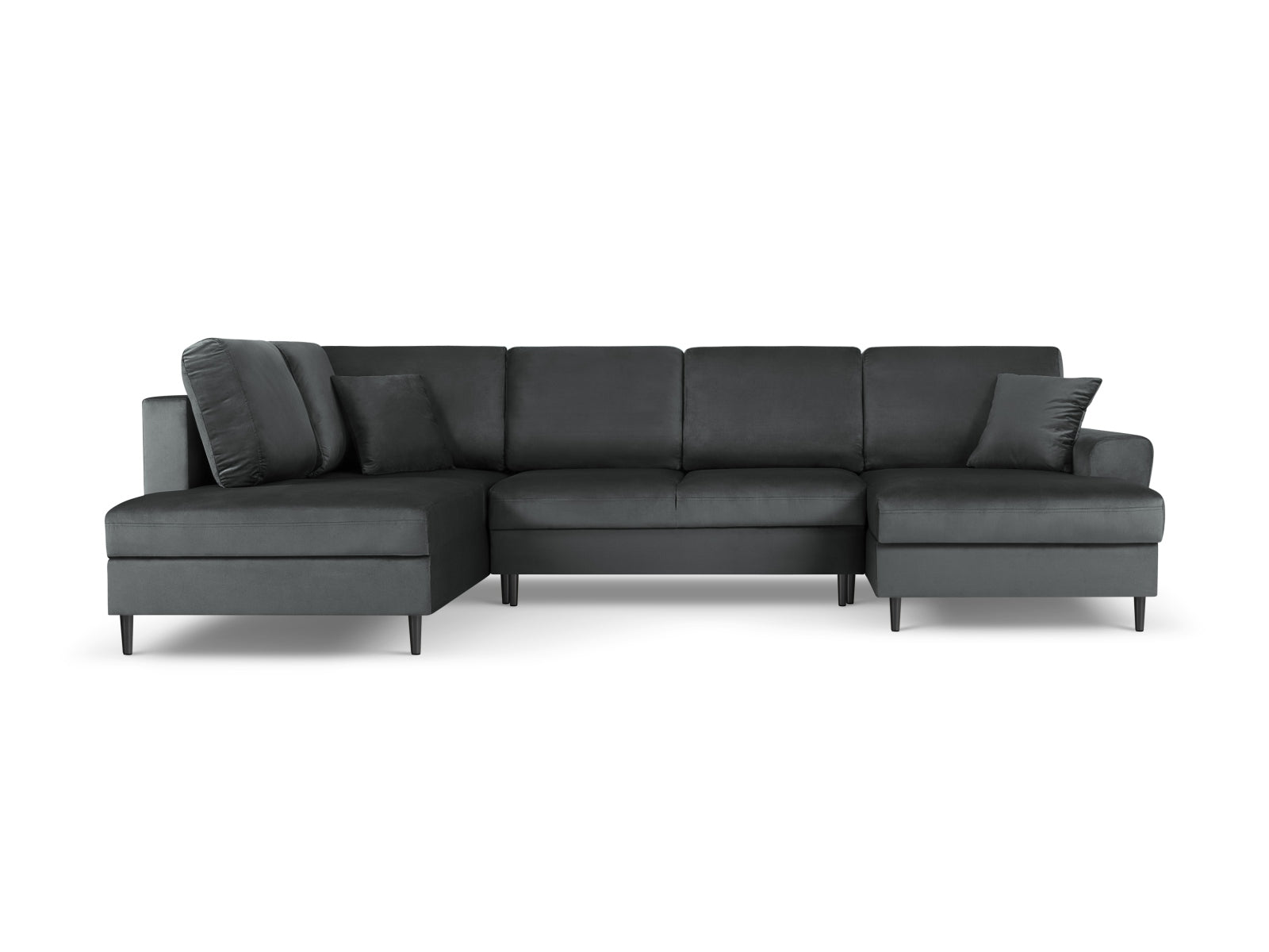 Stylisches Kyoto Velour Panoramic Ecksofa links in Dunkelgrau, 7-Sitzer mit cleverem Stauraum und gemütlicher Schlaffunktion für Gäste.