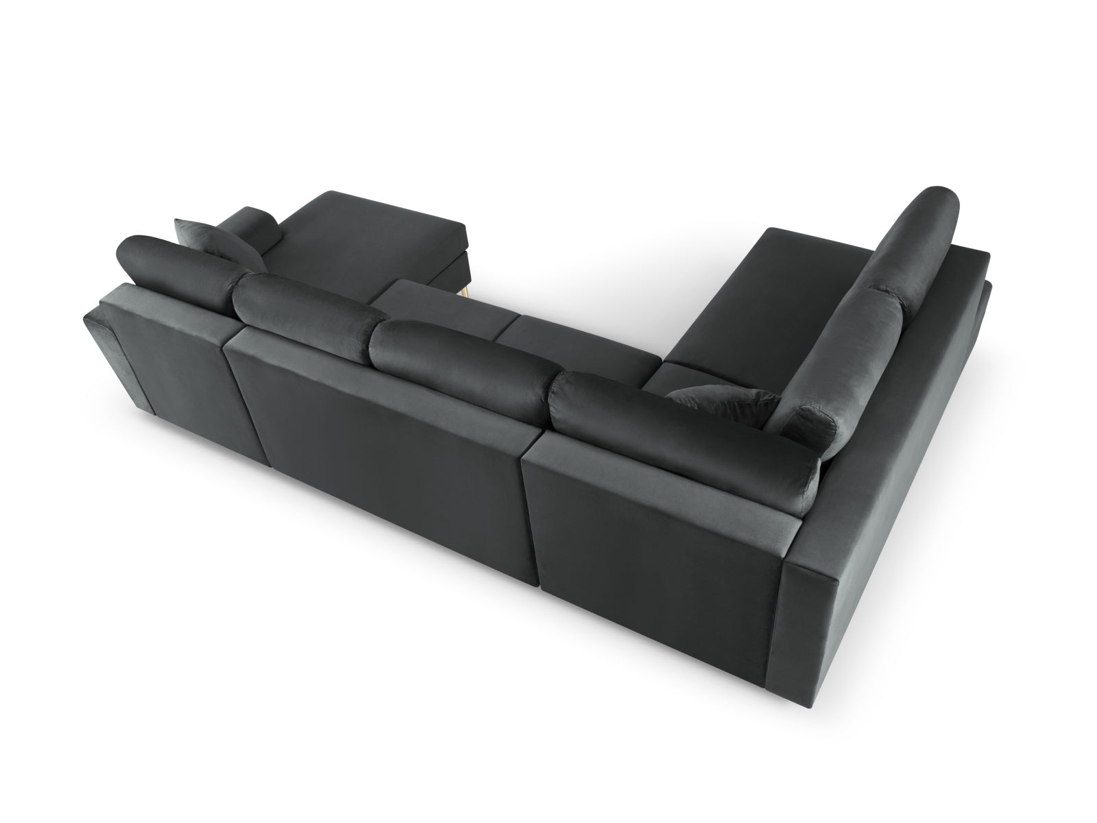 Stylisches Kyoto Velour Panoramic Ecksofa links in Dunkelgrau, 7-Sitzer mit cleverem Stauraum und gemütlicher Schlaffunktion für vielseitige Nutzung.