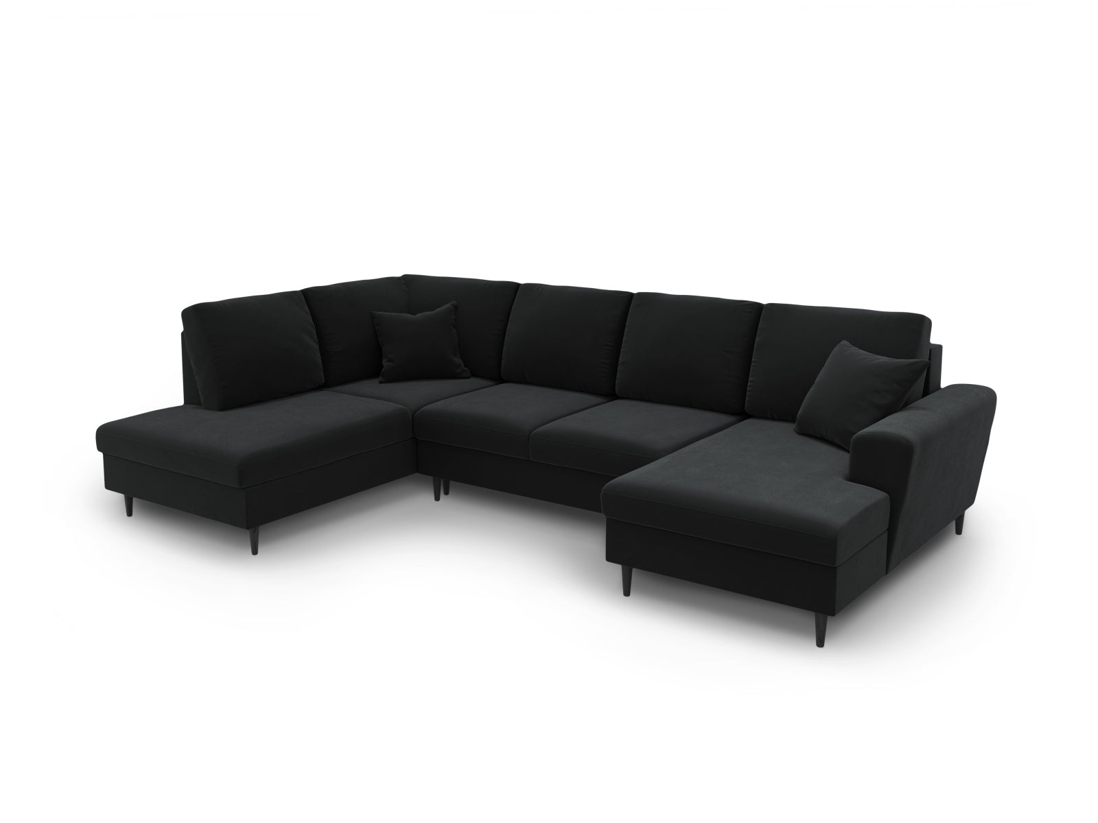 Modernes Kyoto Velour Panoramic Sofa in edlem Schwarz, 7-Sitzer mit praktischem Stauraum und ausziehbarer Schlaffunktion für gemütliche Abende.