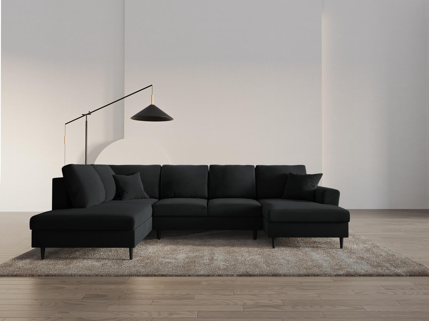 Elegantes Kyoto Velour Panoramic Sofa in Schwarz, 7-Sitzer mit Stauraum und Schlaffunktion, ideal für stilvolle Wohnräume.