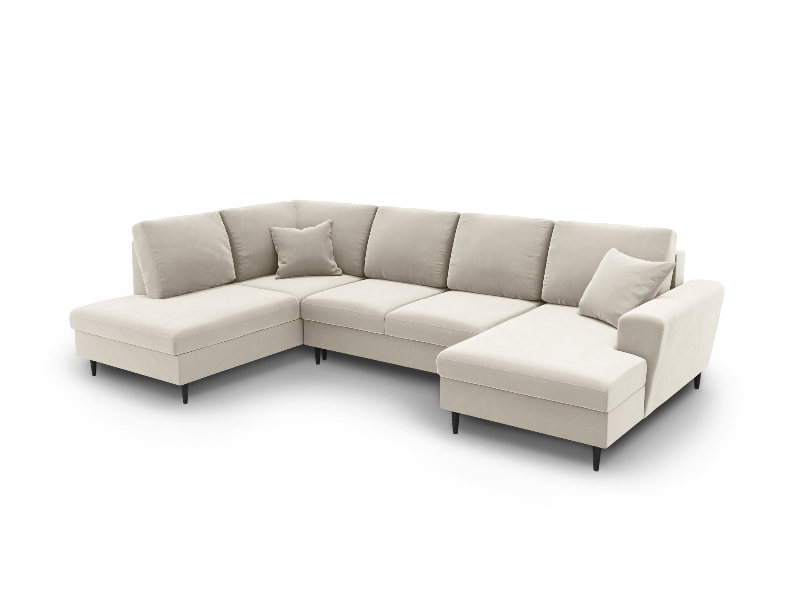 Elegantes Kyoto Velour Panoramic Sofa in hellem Beige, 7-Sitzer mit praktischem Stauraum und ausziehbarer Schlaffunktion für gemütliche Abende.