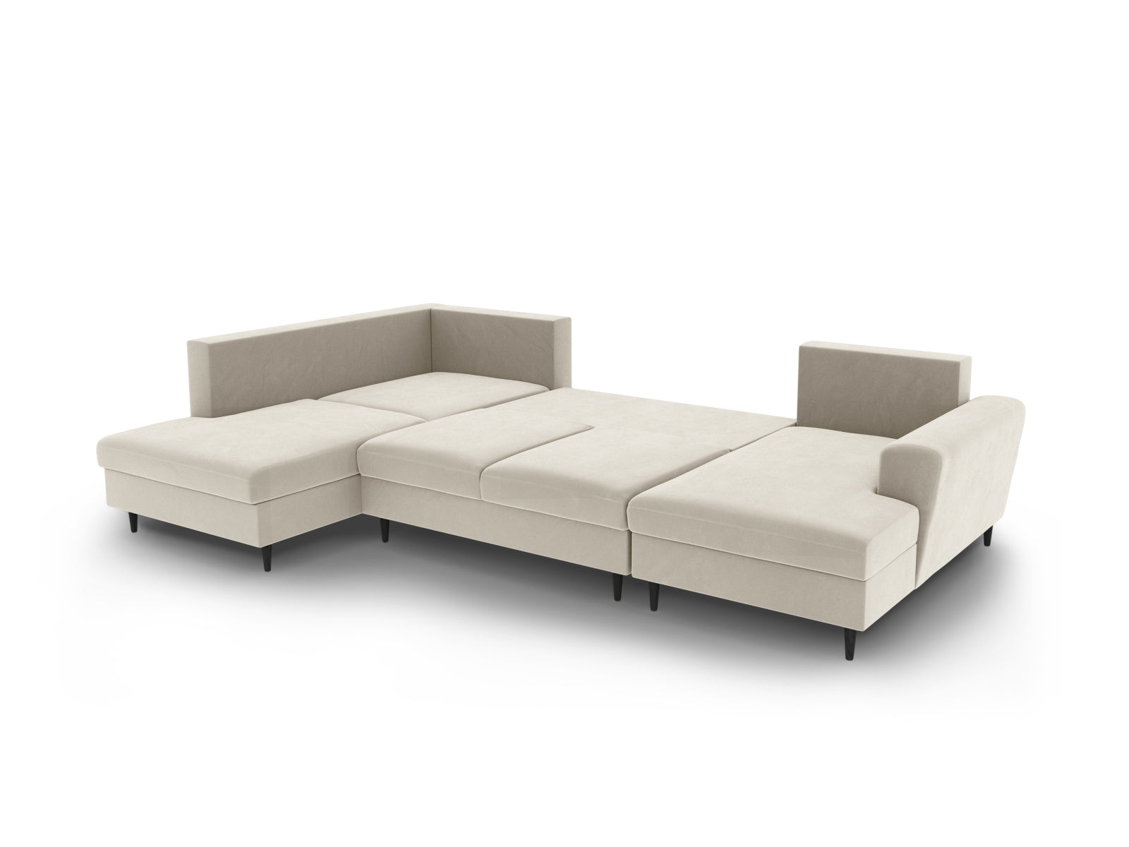 Stilvolles Kyoto Velour Panoramic Sofa in sanftem Beige, 7-Sitzer mit cleverem Stauraum und komfortabler Schlaffunktion für entspannte Nächte.