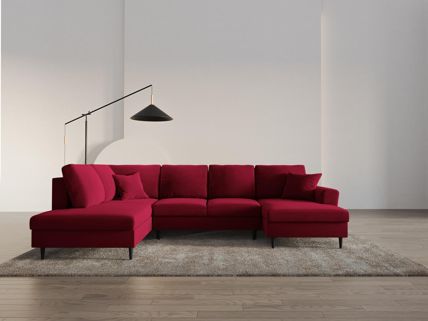 Elegantes Kyoto Velour Panoramic Sofa in Rot, 7-Sitzer mit Stauraum und Schlaffunktion, ideal für stilvolle Wohnräume.