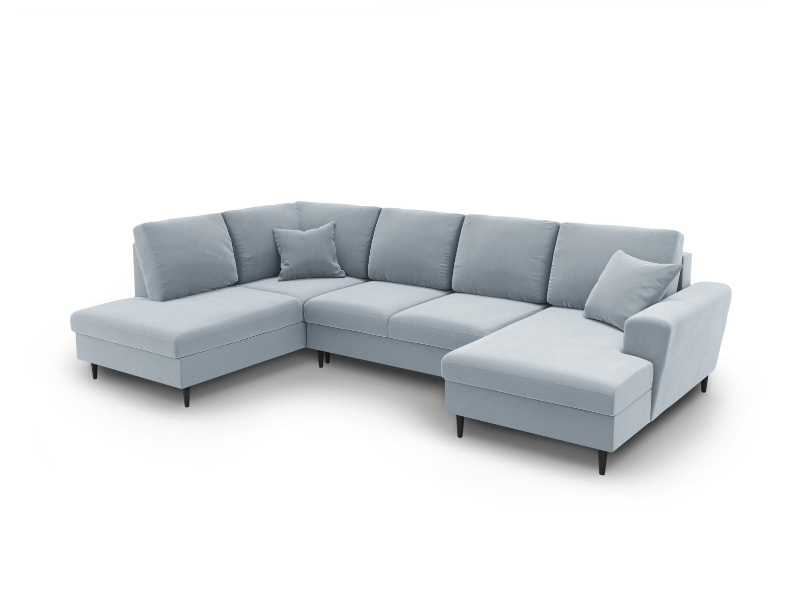 Stylisches Kyoto Velour Panoramic Sofa in sanftem Hellblau, 7-Sitzer mit praktischem Stauraum und komfortabler Schlaffunktion.