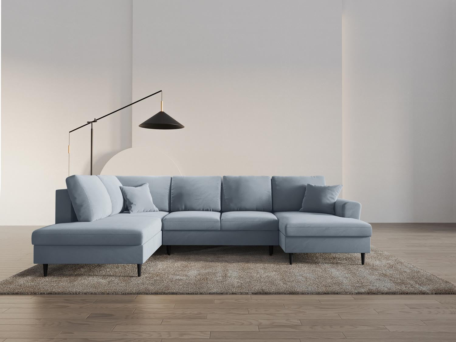 Elegantes Kyoto Velour Panoramic Sofa in Hellblau, 7-Sitzer mit Stauraum und Schlaffunktion, ideal für stilvolle Wohnräume.