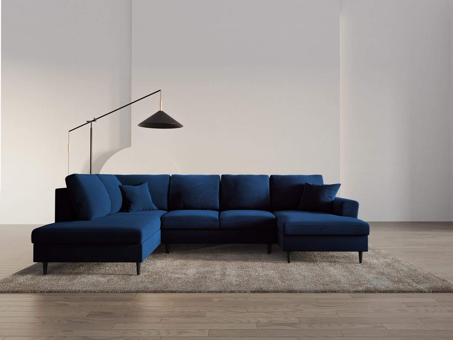 Elegantes Kyoto Velour Panoramic Sofa in Royal Blue-Riviera, 7-Sitzer mit Stauraum und Schlaffunktion, ideal für stilvolle Wohnräume.
