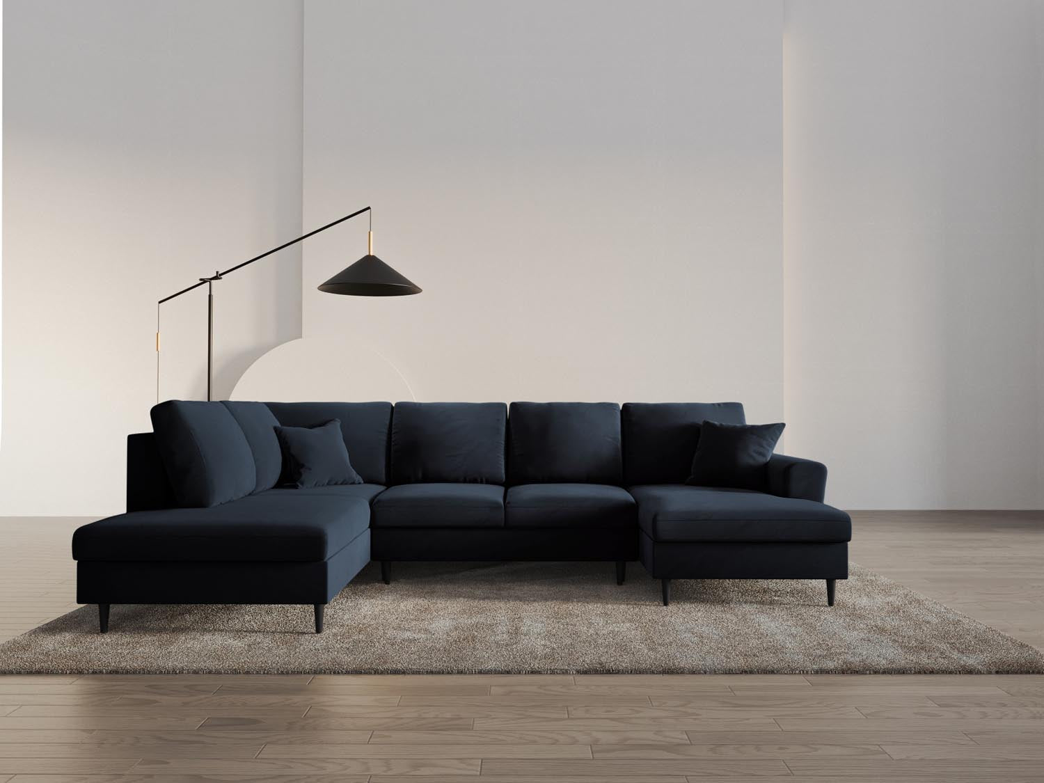 Elegantes Kyoto Velour Panoramic Sofa in Dunkelblau, 7-Sitzer mit Stauraum und Schlaffunktion, ideal für stilvolle Wohnräume.