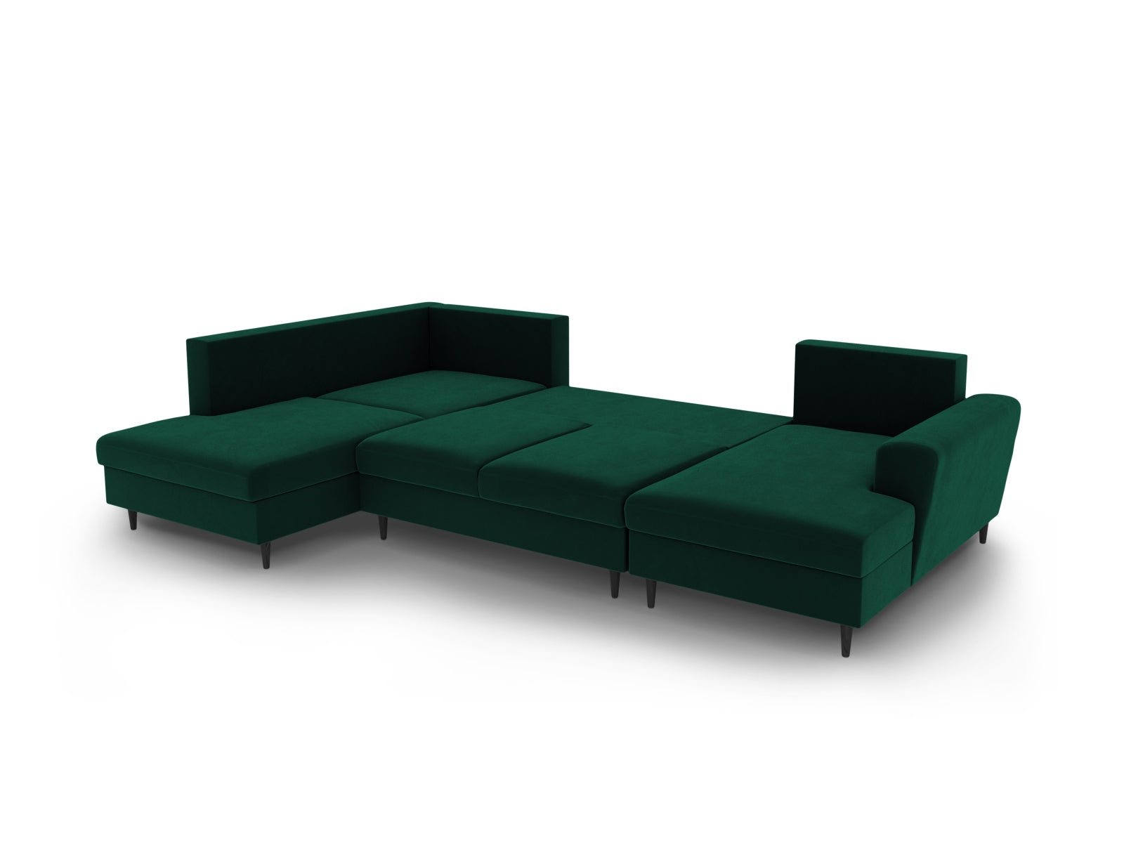 Elegantes Kyoto Velour Panoramic Sofa in sattem Grün, 7-Sitzer mit cleverem Stauraum und ausziehbarer Schlaffunktion für entspannte Nächte.