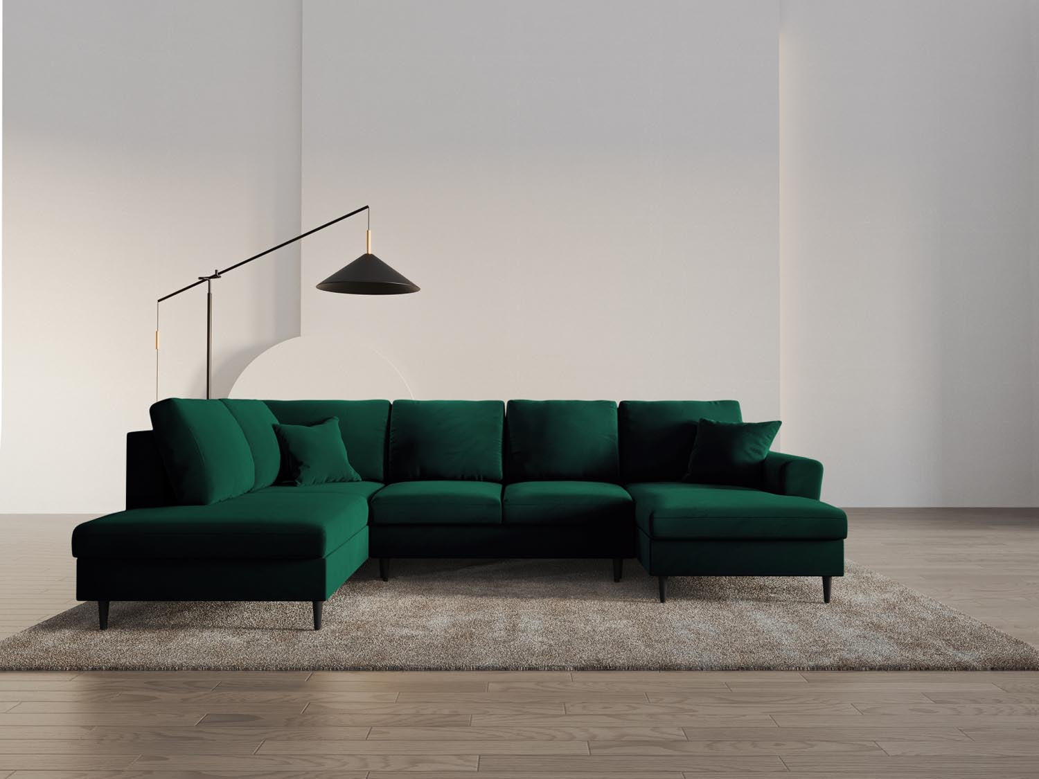 Elegantes Kyoto Velour Panoramic Sofa in Flaschengrün, 7-Sitzer mit Stauraum und Schlaffunktion, ideal für stilvolle Wohnräume.