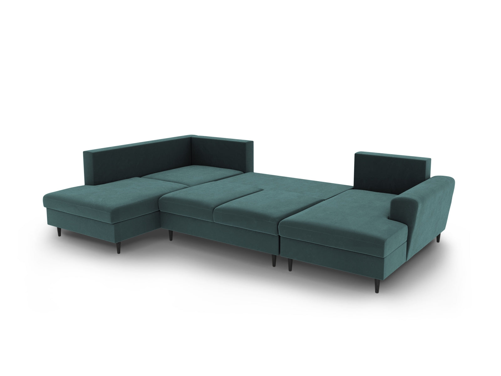 Elegantes Kyoto Velour Panoramic Sofa in Petrol-Riviera, 7-Sitzer mit cleverem Stauraum und ausziehbarer Schlaffunktion für entspannte Nächte.