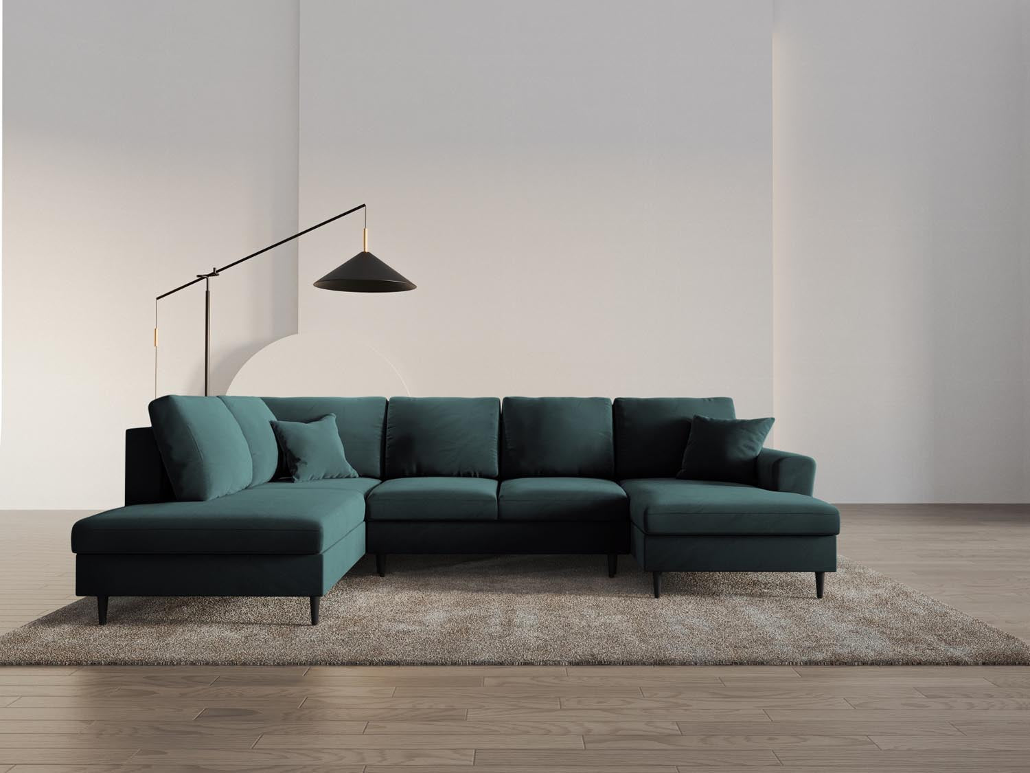 Elegantes Kyoto Velour Panoramic Sofa in Petrol-Riviera, 7-Sitzer mit Stauraum und Schlaffunktion, ideal für stilvolle Wohnräume.