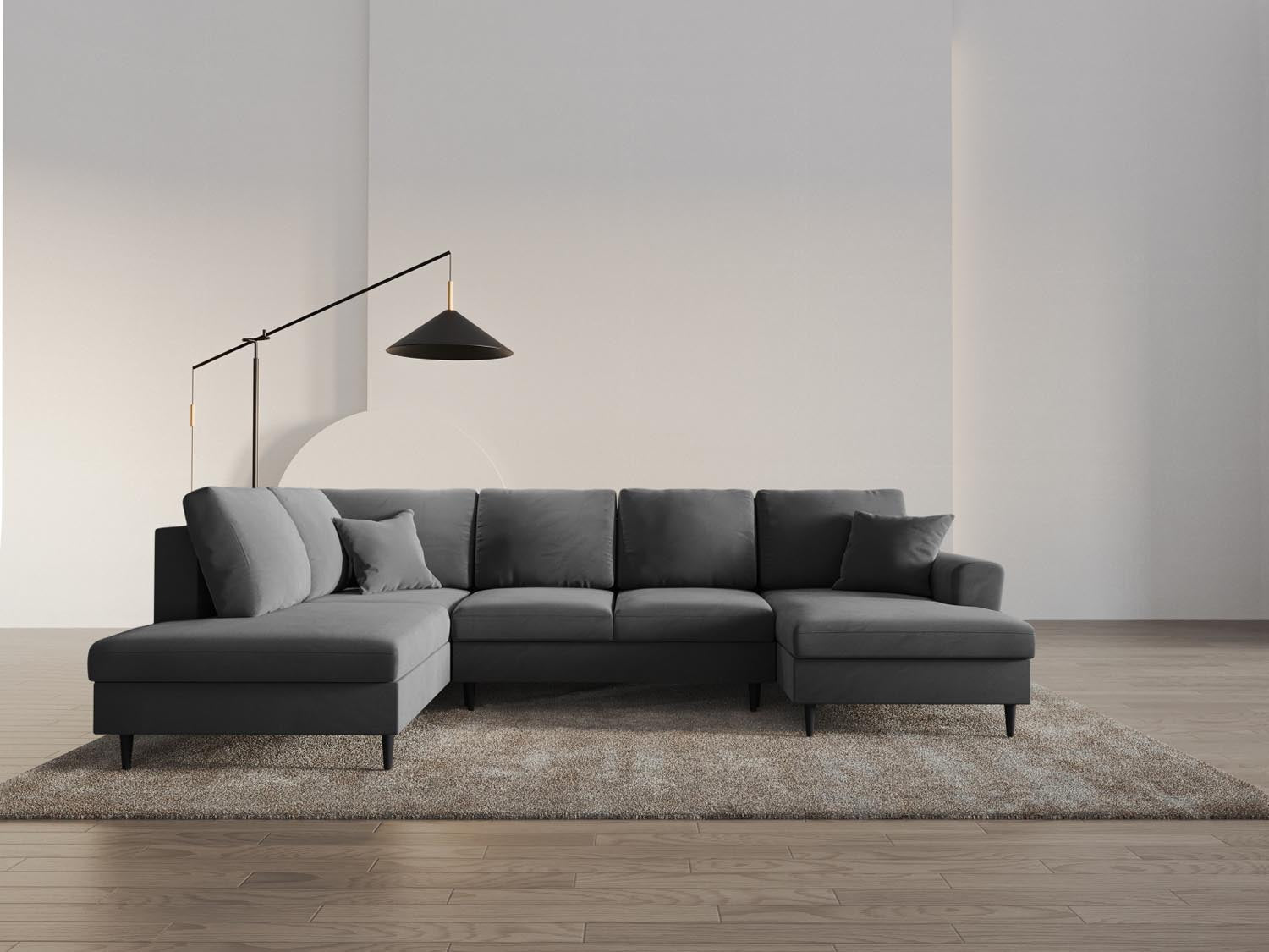 Stylisches Kyoto Velour Panoramic Sofa in Hellgrau, 7-Sitzer mit Stauraum und Schlaffunktion, ideal für moderne Wohnräume.