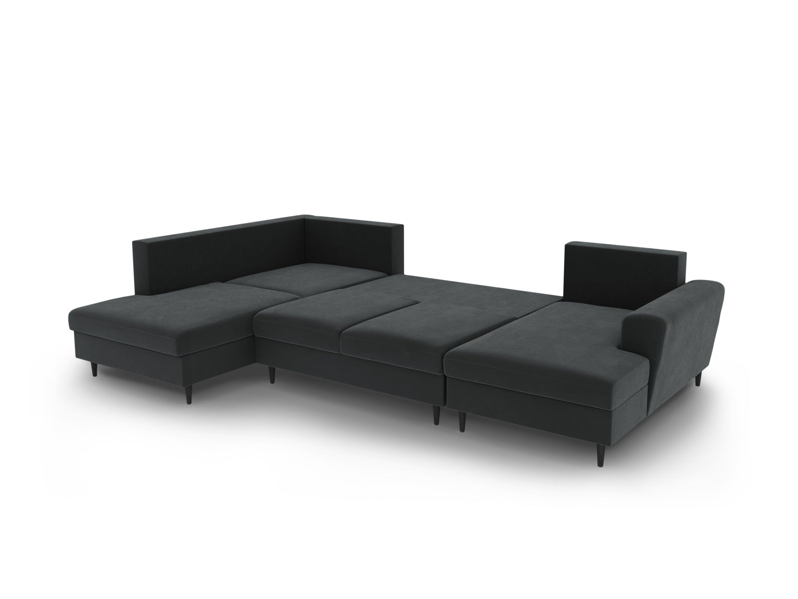Modernes Kyoto Velour Panoramic Sofa in Dunkelgrau, 7-Sitzer mit integriertem Stauraum und Schlaffunktion, ideal für gemütliche Wohnräume.