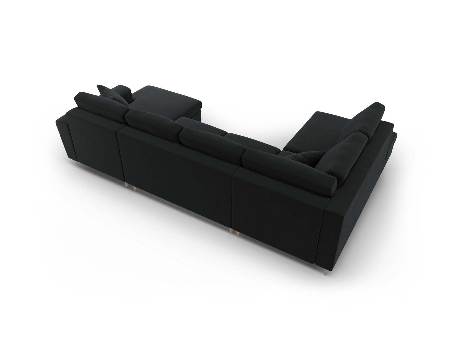 Elegantes Kyoto Velour Panoramic Sofa in Schwarz, 7-Sitzer mit cleverem Stauraum und flexibler Schlaffunktion für gemütliche Stunden.