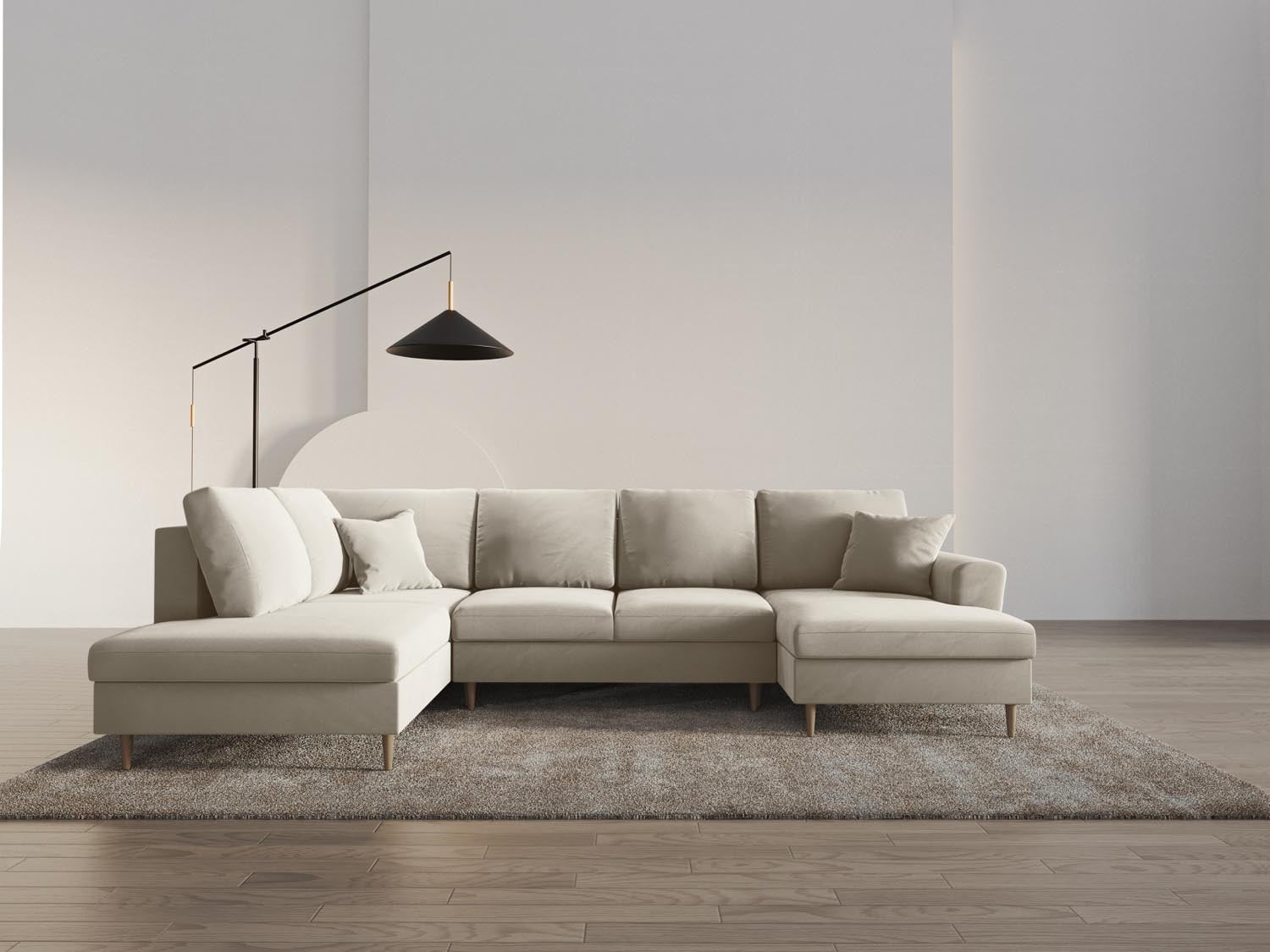 Elegantes Kyoto Velour Panoramic Sofa in sanftem Beige, 7-Sitzer mit praktischem Stauraum und komfortabler Schlaffunktion für vielseitige Nutzung.