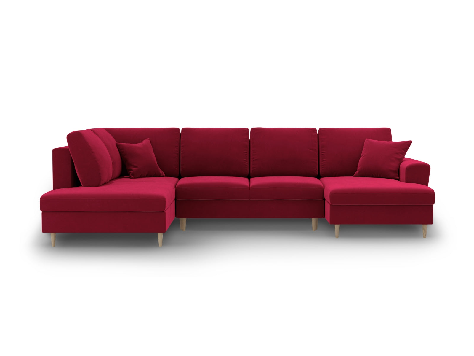Stylisches Kyoto Velour Panoramic Sofa in Rot, 7-Sitzer mit cleverem Stauraum und umwandelbarer Schlaffunktion für entspannte Momente.