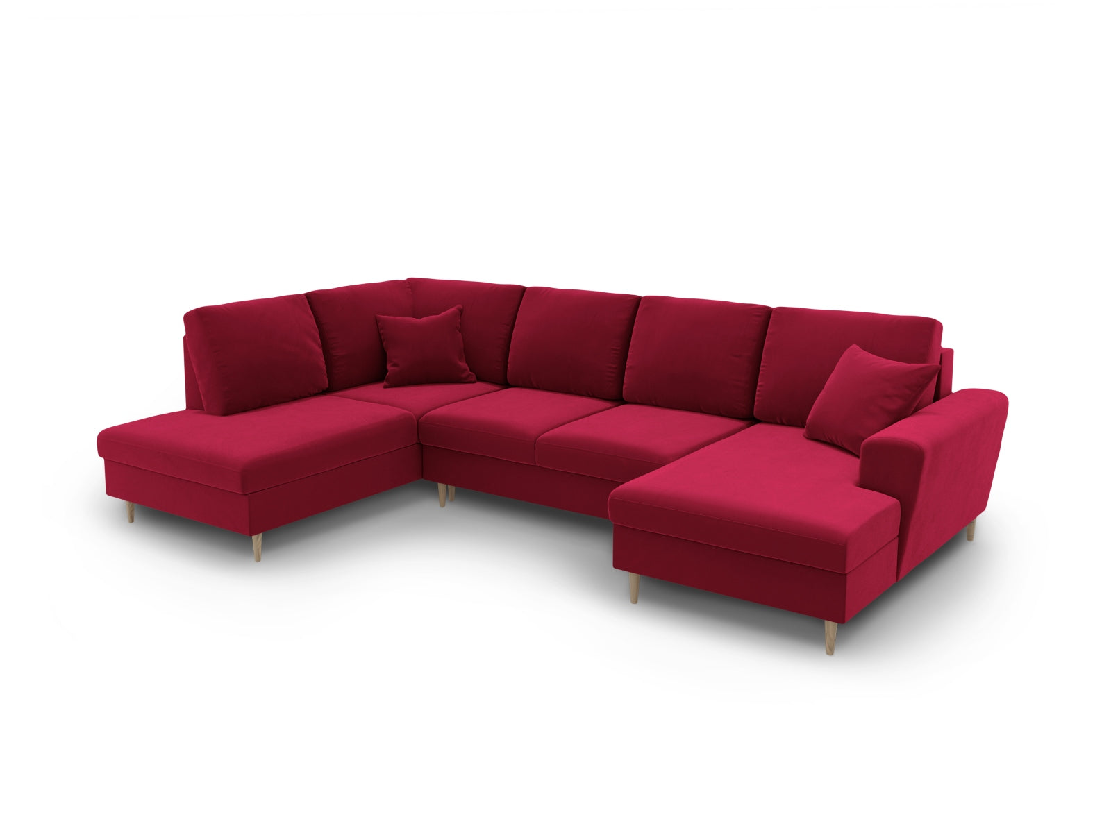 Stilvolles Kyoto Velour Panoramic Sofa in Rot, 7-Sitzer mit integriertem Stauraum und umwandelbarer Schlaffunktion für entspannte Stunden.