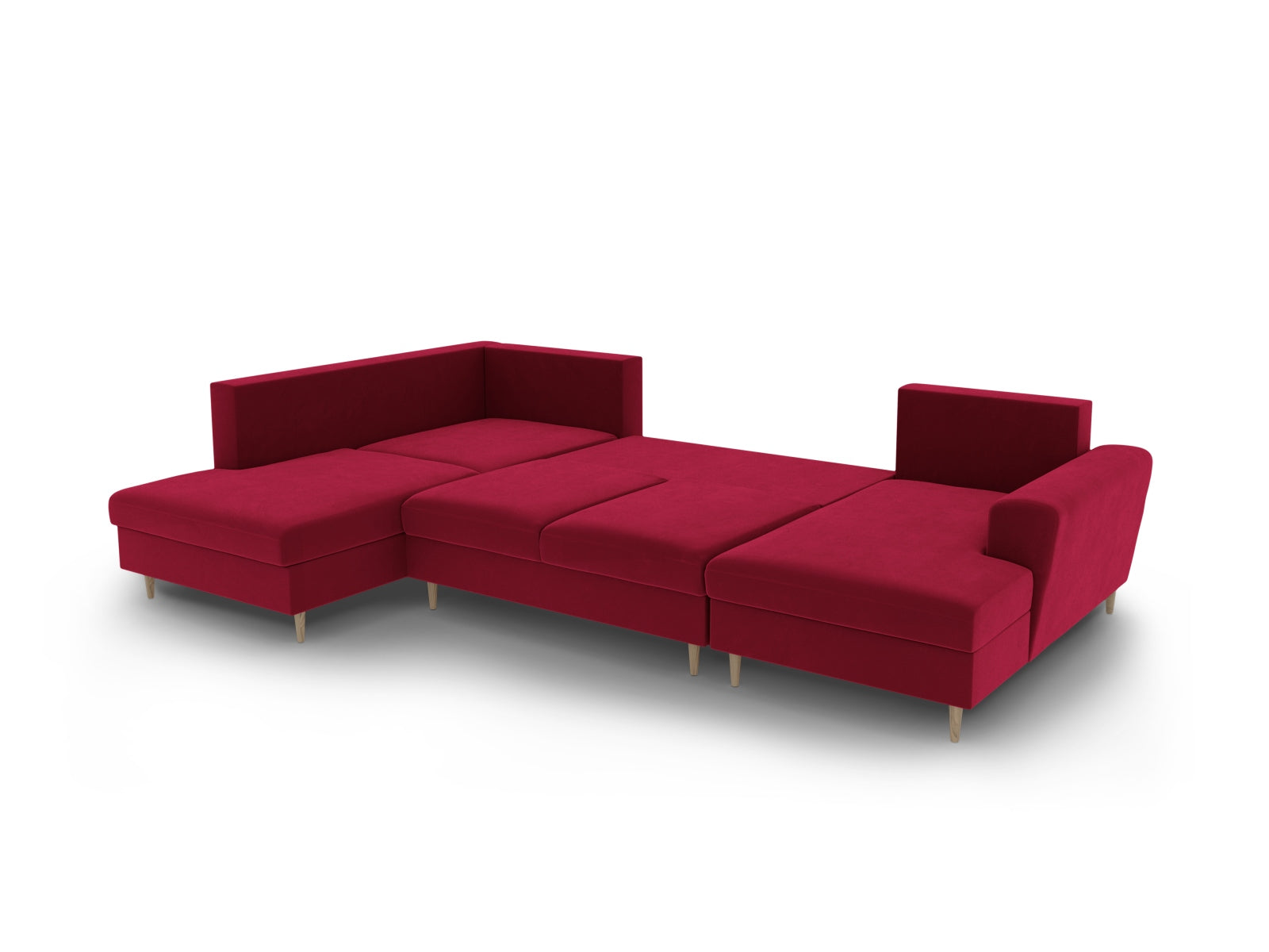 Elegantes Kyoto Velour Panoramic Sofa in Rot, 7-Sitzer mit praktischem Stauraum und flexibler Schlaffunktion für gemütliche Abende.
