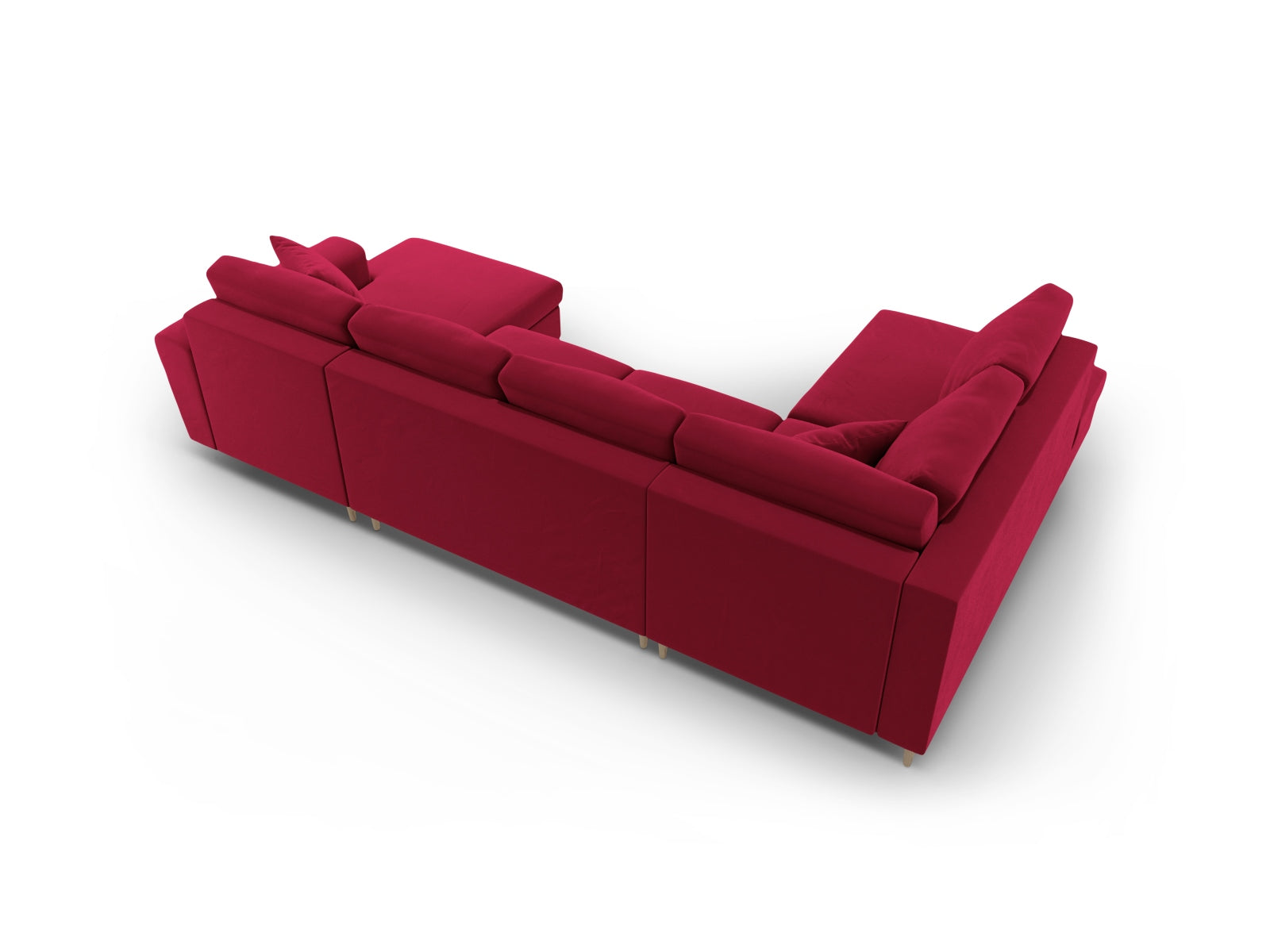 Stilvolles Kyoto Velour Panoramic Sofa in Rot, 7-Sitzer mit cleverem Stauraum und umwandelbarer Schlaffunktion für entspannte Nächte.