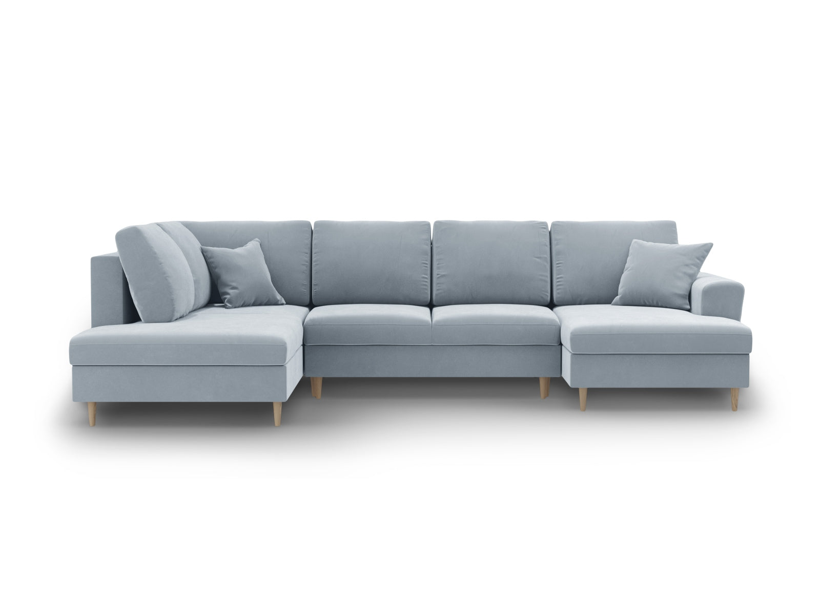 Elegantes 7-Sitzer Kyoto Velour Sofa in sanftem Hellblau, bietet Stauraum und lässt sich mühelos in ein Bett verwandeln.