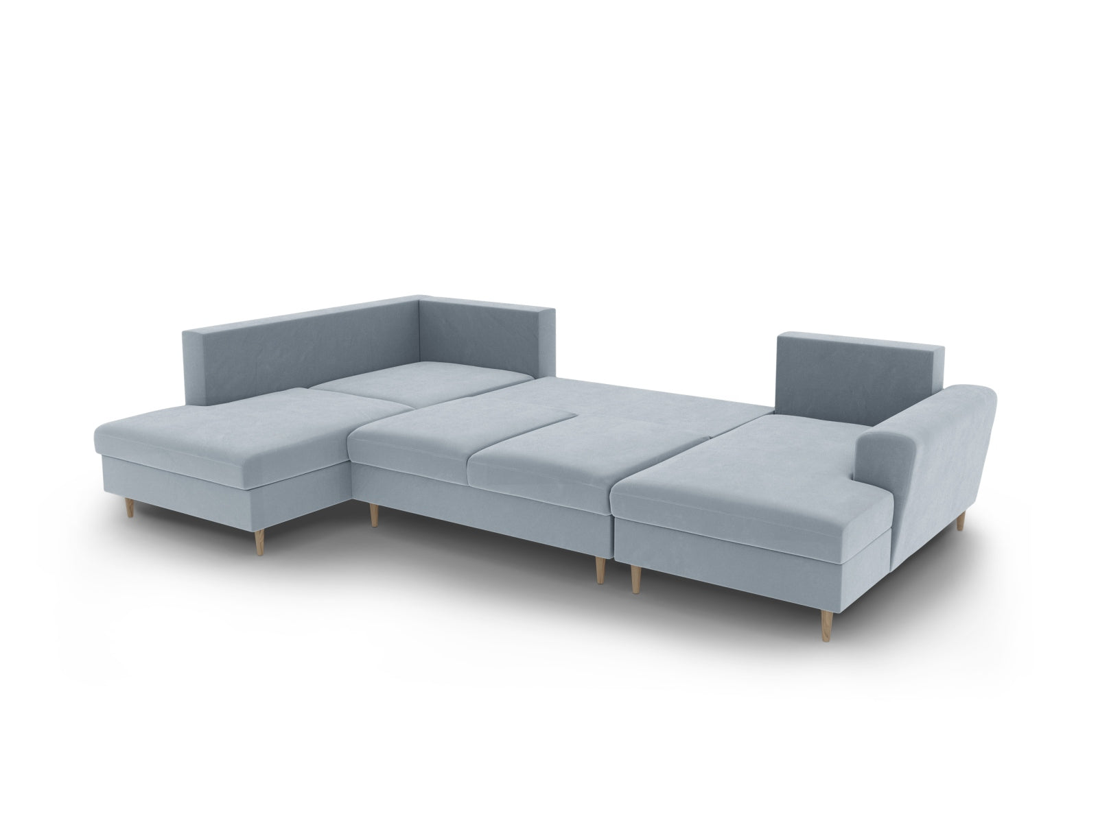 Stylisches Kyoto Velour Panoramic Sofa in zartem Hellblau, 7-Sitzer mit praktischem Stauraum und vielseitiger Schlaffunktion.
