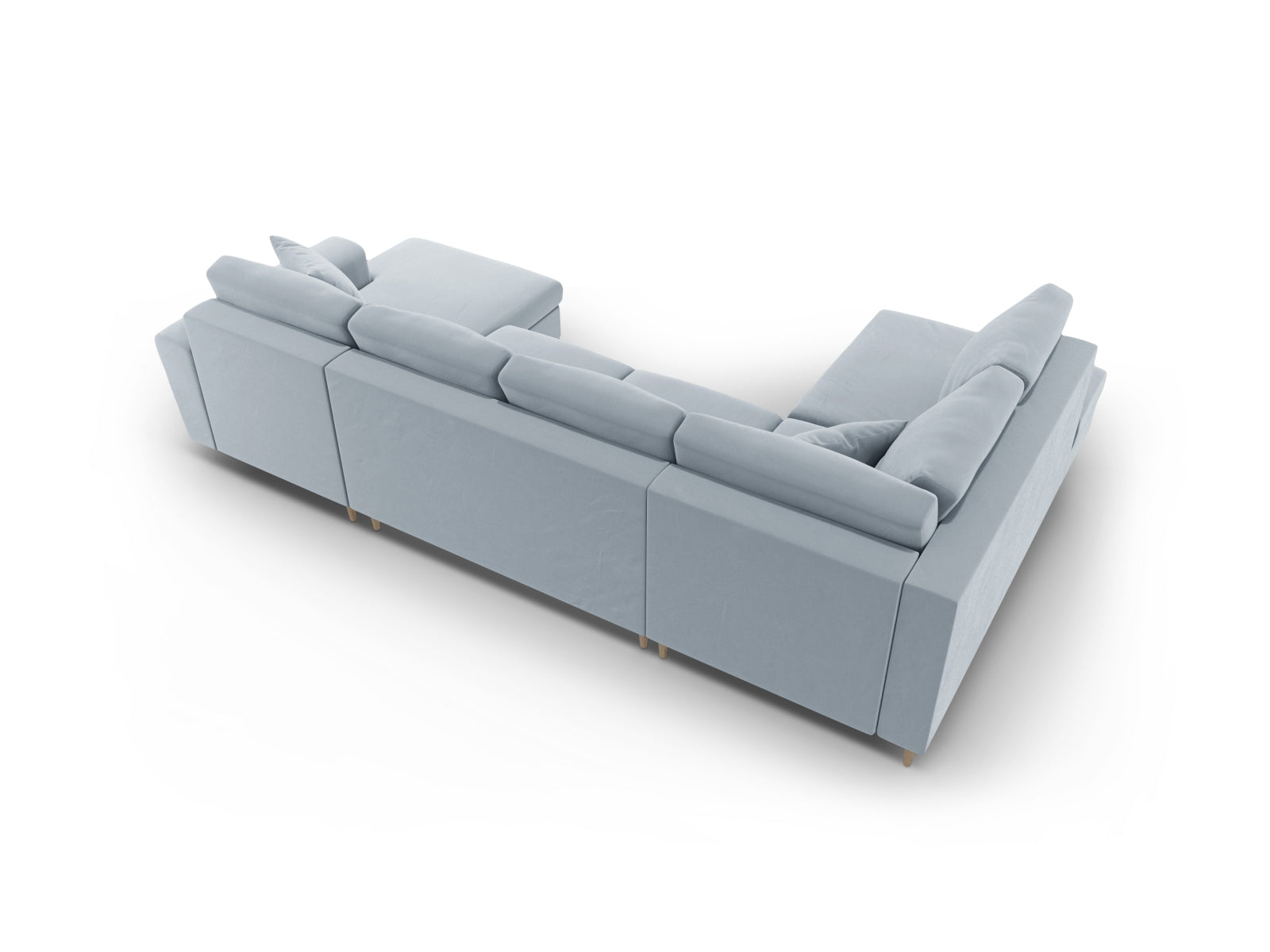 Elegantes Kyoto Velour Panoramic Sofa in sanftem Hellblau, 7-Sitzer mit cleverem Stauraum und komfortabler Schlaffunktion für jeden Raum.