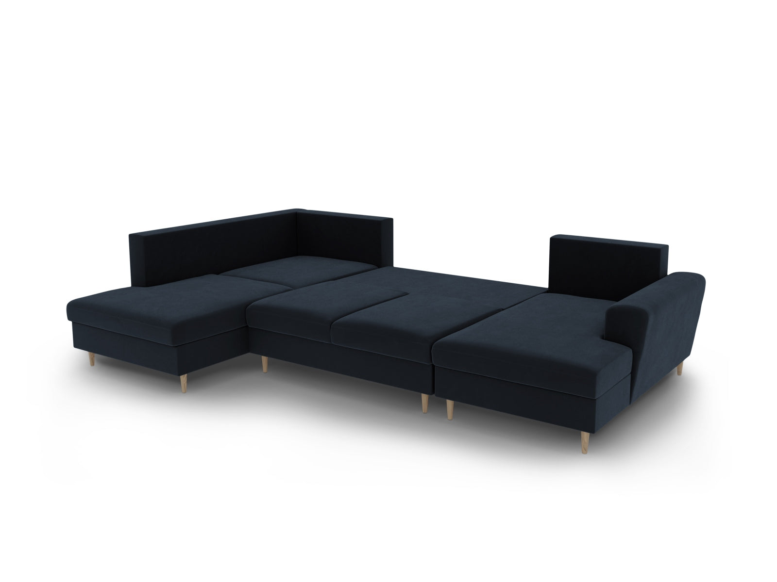 Stilvolles Kyoto Velour Panoramic Sofa in tiefem Blau, 7-Sitzer mit praktischem Stauraum und umwandelbarer Schlaffunktion für entspannte Nächte.