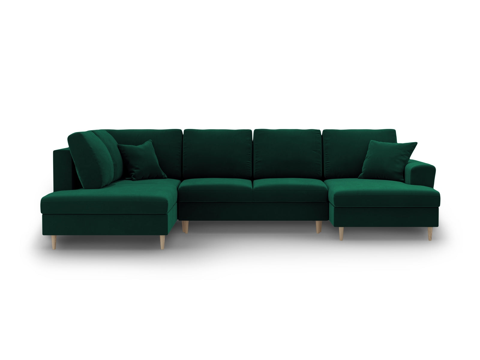 Elegantes Kyoto Velour Panoramic Sofa in sattem Grün, 7-Sitzer mit cleverem Stauraum und gemütlicher Schlaffunktion für Übernachtungsgäste.