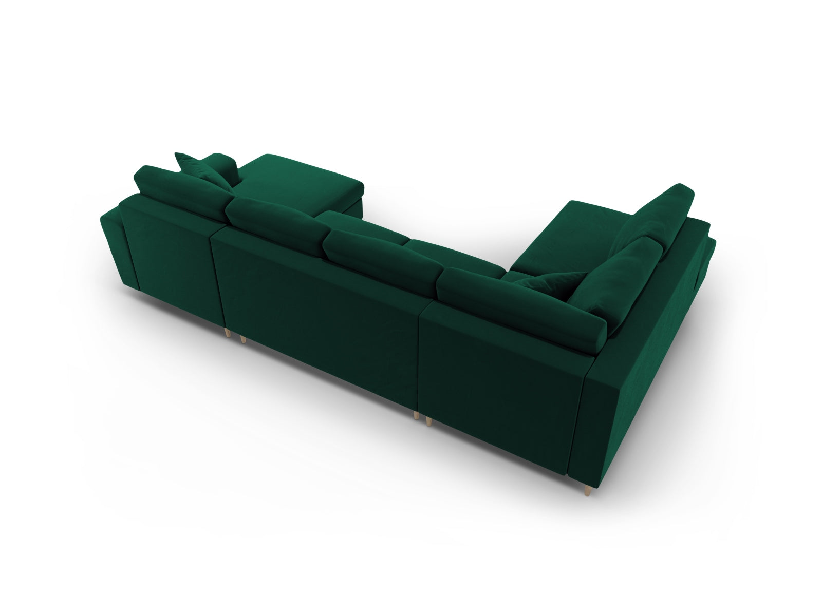 Elegantes Kyoto Velour Panoramic Sofa in sattem Grün, 7-Sitzer mit cleverem Stauraum und gemütlicher Schlaffunktion für Übernachtungsgäste.