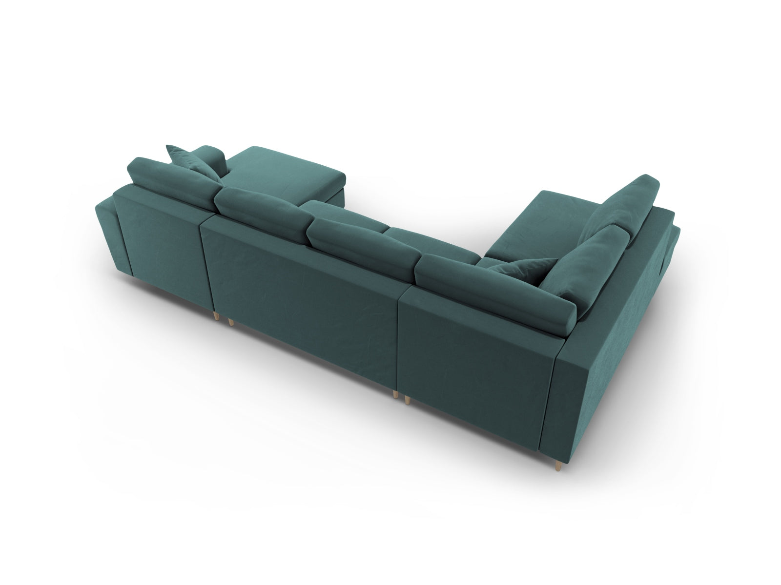 Elegantes Kyoto Velour Panoramic Sofa in Petrol-Riviera, 7-Sitzer mit cleverem Stauraum und gemütlicher Schlaffunktion für entspannte Nächte.