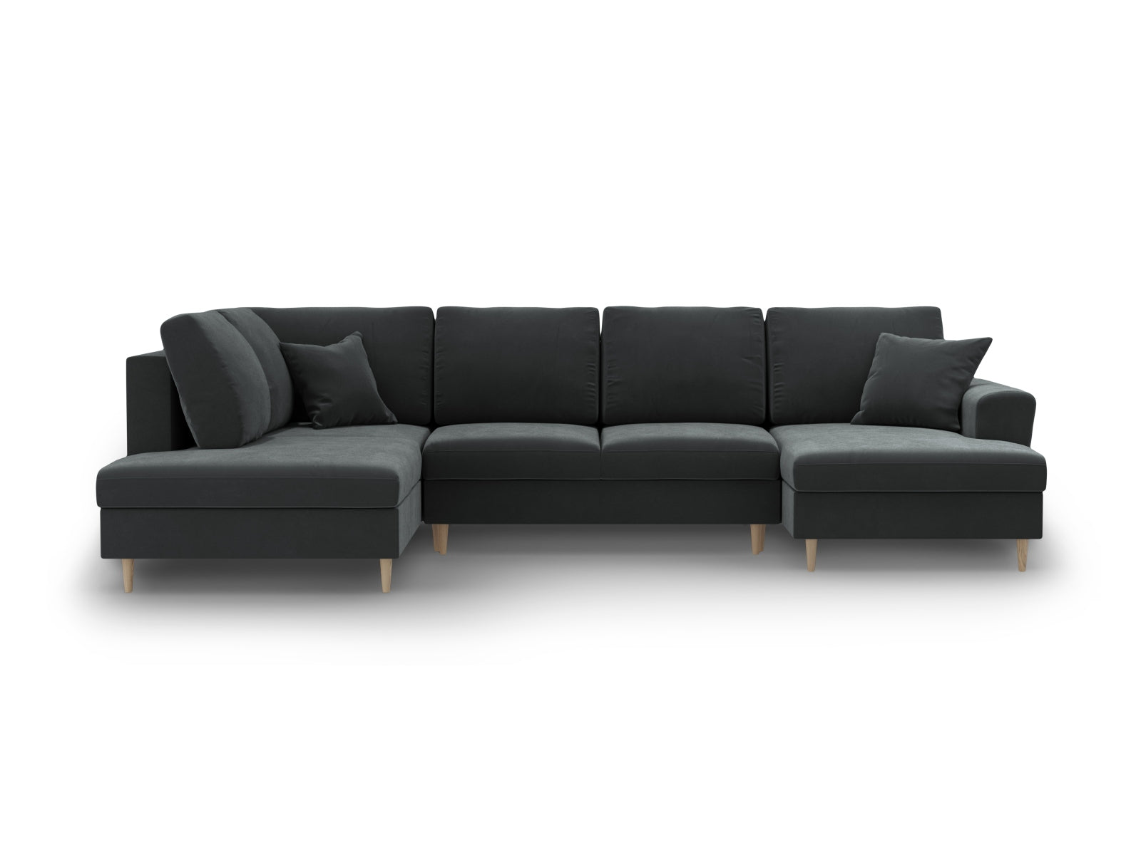 Elegantes Kyoto Velour Panoramic Sofa in Dunkelgrau, 7-Sitzer mit cleverem Stauraum und komfortabler Schlaffunktion für vielseitige Nutzung.