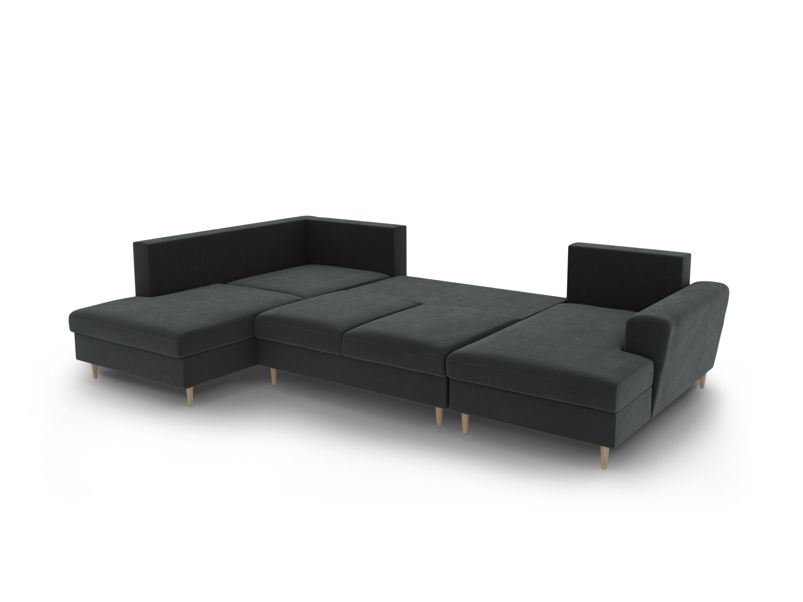 Stylisches 7-sitziges Kyoto Velour Sofa in Dunkelgrau, bietet praktischen Stauraum und eine bequeme Schlaffunktion für Gäste.