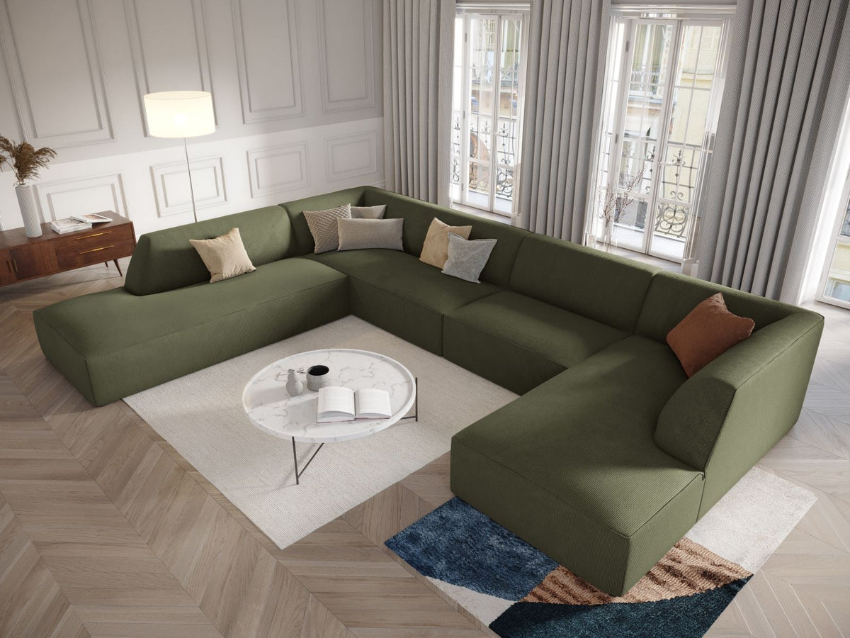 Cosmopolitan Design Siena Panorama-Ecksofa links, 7-Sitzer in Light Beige-Scala Cordstoff mit Massivholzrahmen und Kunststoffbeinen.