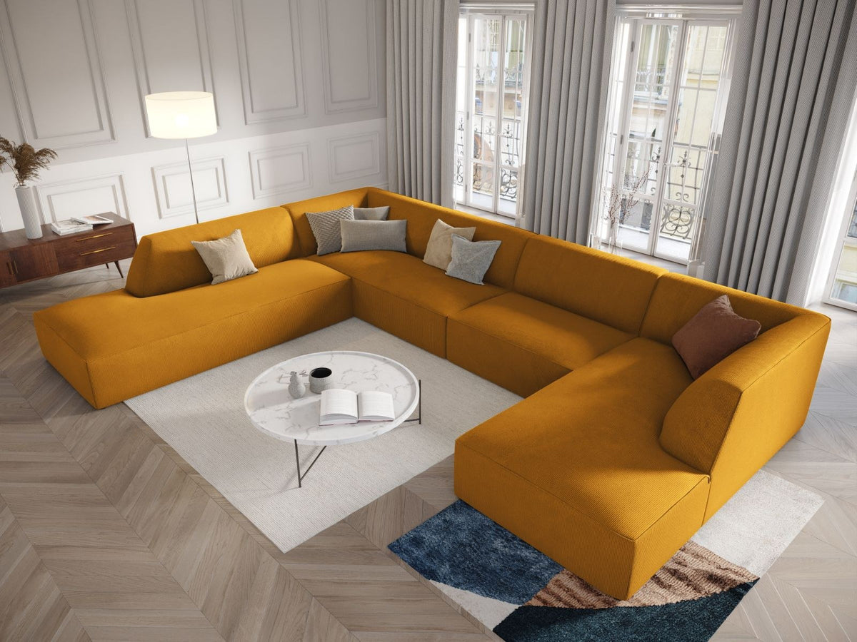 Cosmopolitan Design Siena Panorama-Ecksofa links, 7-Sitzer in Light Beige-Scala Cordstoff mit Massivholzrahmen und Kunststoffbeinen.
