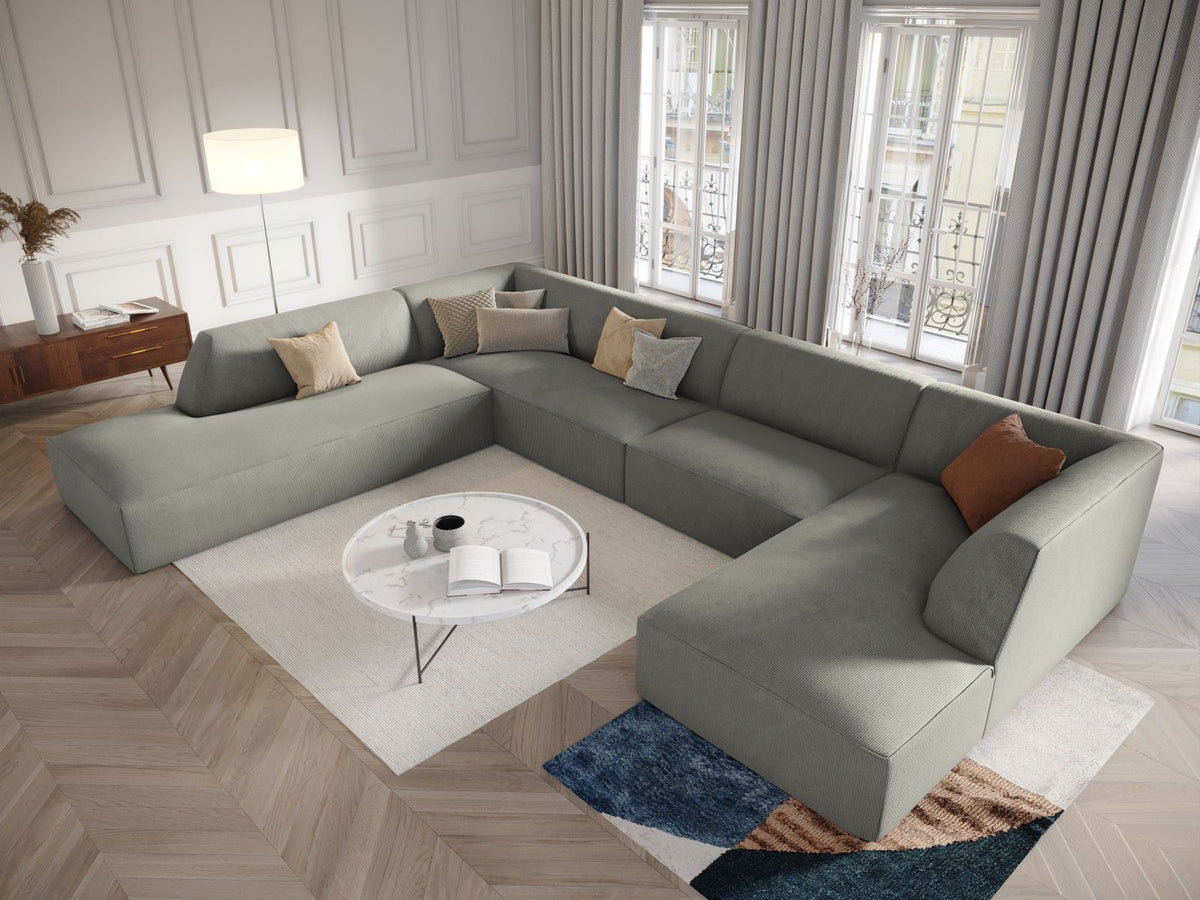 Cosmopolitan Design Siena Panorama-Ecksofa links, 7-Sitzer in Light Beige-Scala Cordstoff mit Massivholzrahmen und Kunststoffbeinen.