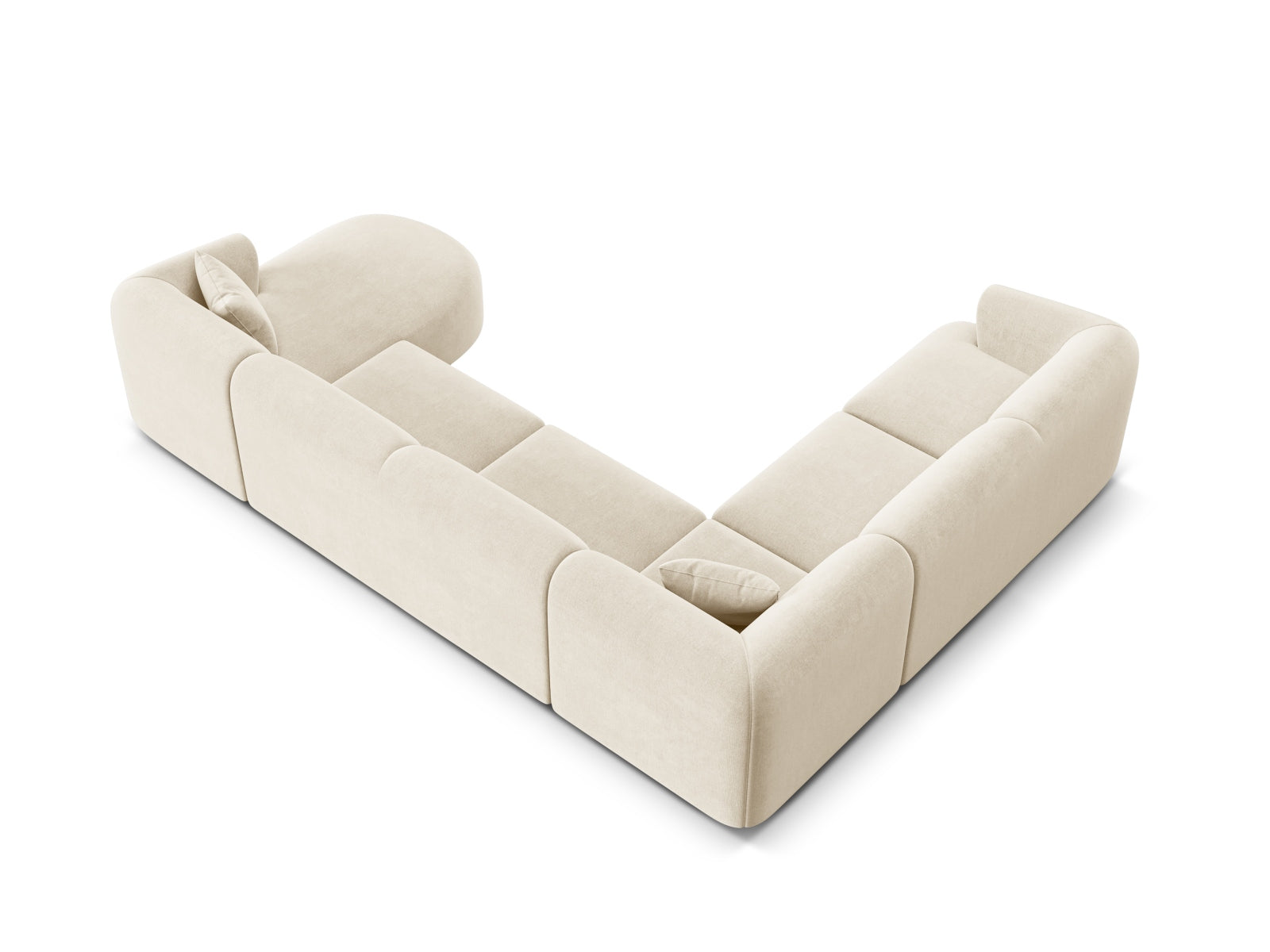 Modernes 7-Sitzer Ecksofa Panoramic links Campi in sanftem Beige, perfekt für gesellige Abende und geschmackvolle Wohnräume von Cosmopolitan Design.