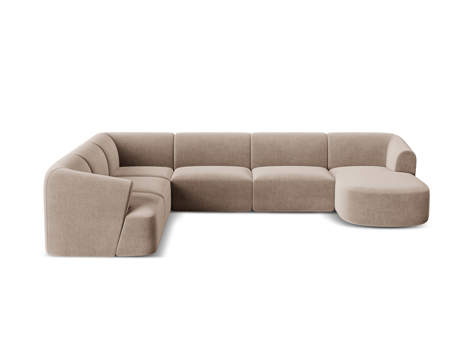 Elegantes 7-Sitzer Ecksofa Panoramic links Campi in dunkelbeige, ideal für moderne Wohnräume und gesellige Abende.