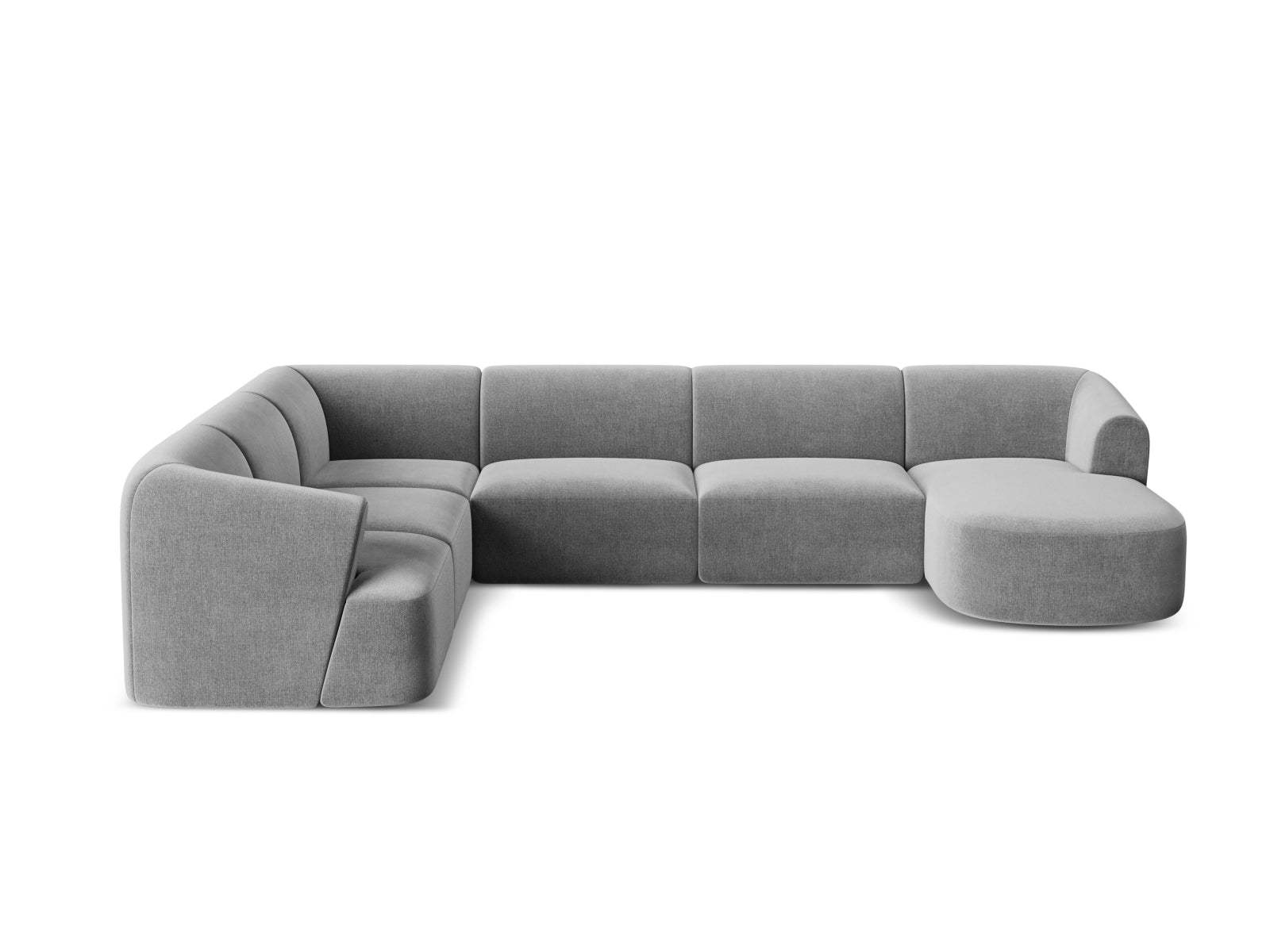 Modernes 7-Sitzer Ecksofa Panoramic links in ansprechendem Grau, ideal für großzügige Wohnräume und gemütliche Zusammenkünfte.