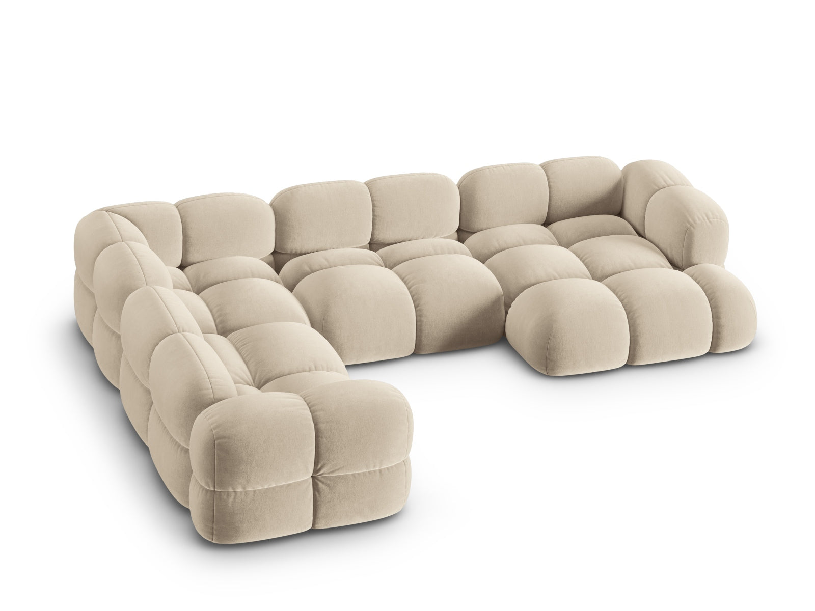 Modernes Loretto Velour Panoramic Ecksofa links in sanftem Beige, perfekt für gemütliche und stilvolle Wohnambiente von Cosmopolitan Design.
