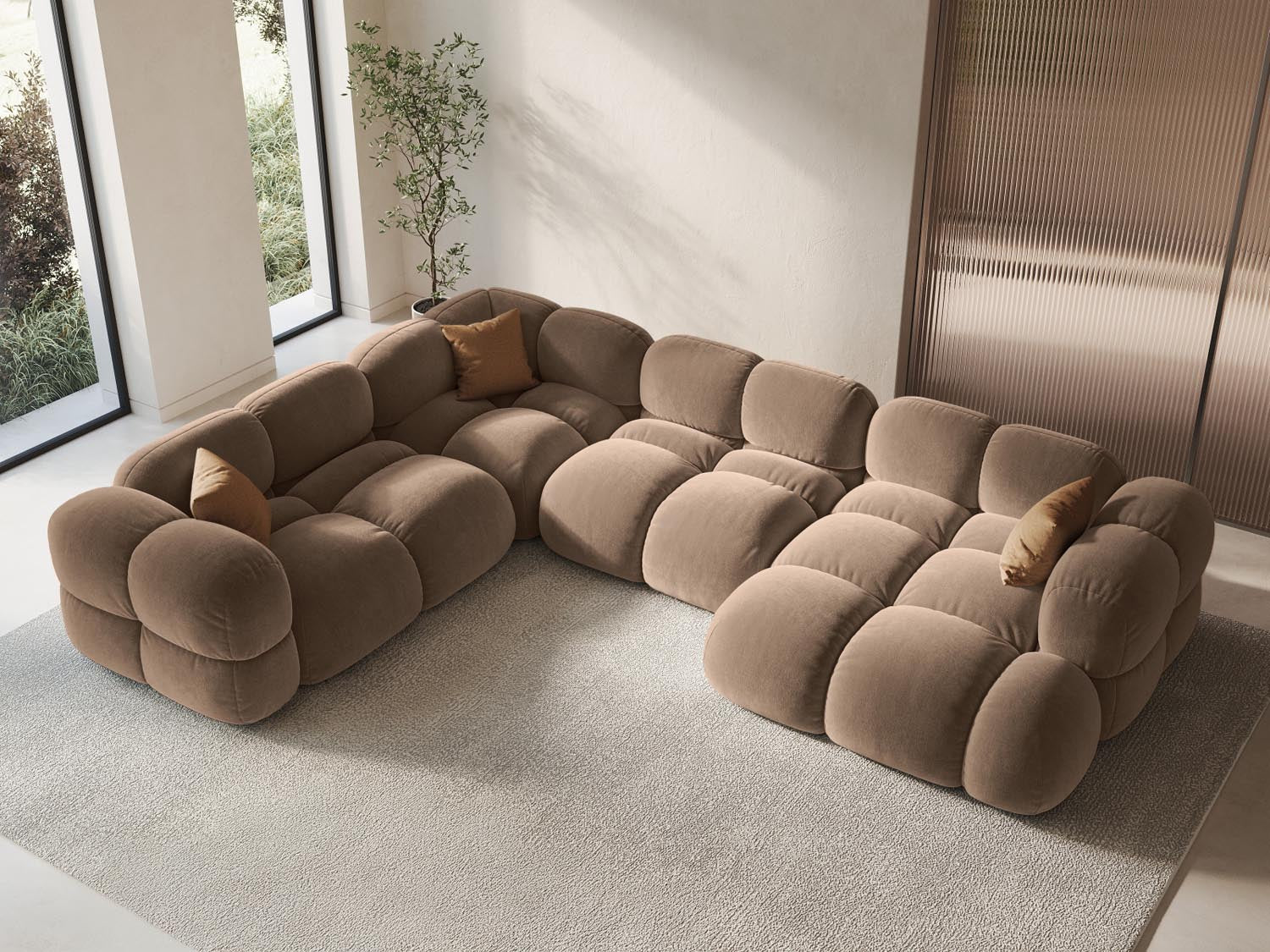 Elegantes Loretto Velour Panoramic Ecksofa links in Dark Beige-Vogue, ideal für stilvolle Wohnräume, 5 Sitzer, 250cm.