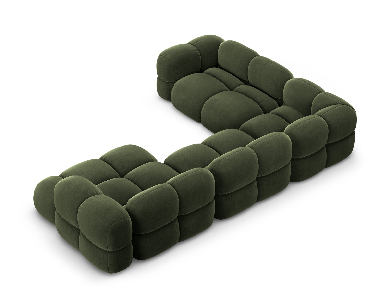 Elegantes Loretto Velour Panoramic Ecksofa links in stilvollem Grünton, ideal für moderne Wohnräume, großzügige 5-Sitzer-Option.