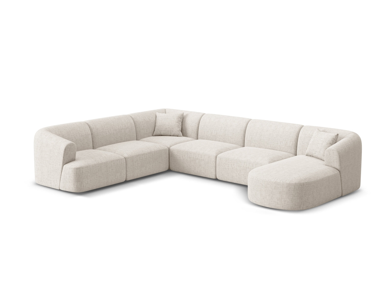 Elegantes 7-Sitzer Ecksofa Panoramic links Campi in hellem Beige, ideal für stilvolle Wohnräume, präsentiert von Cosmopolitan Design.