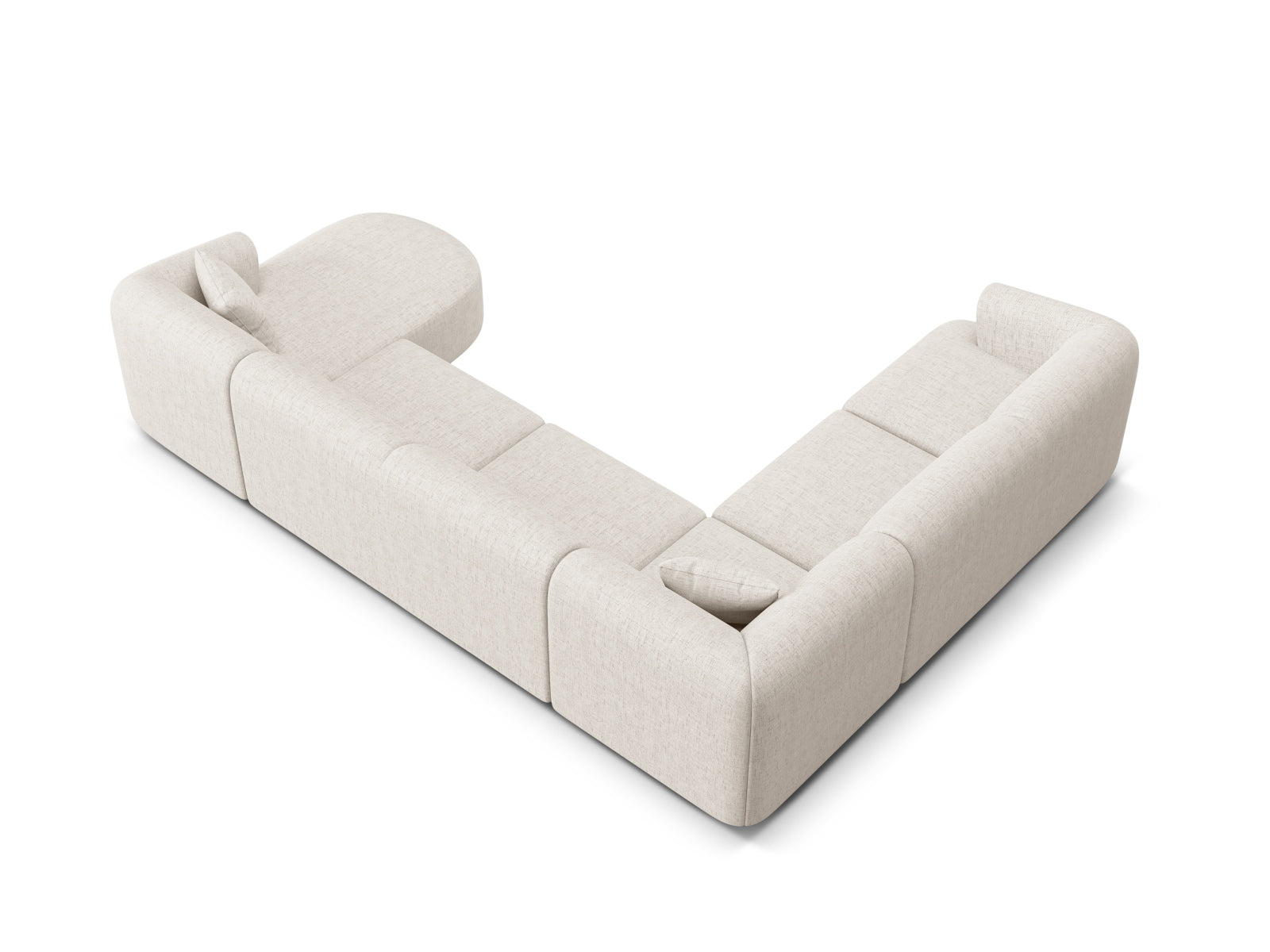 Modernes 7-Sitzer Ecksofa Panoramic links Campi in sanftem Beige, perfekt für gemütliche und stilvolle Wohnambiente von Cosmopolitan Design.