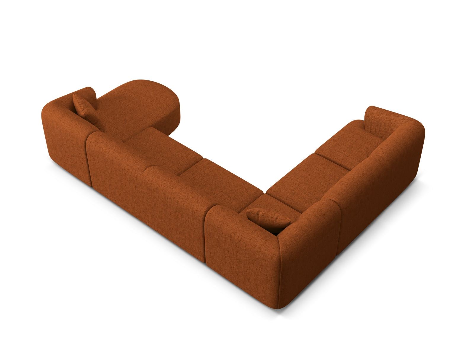 Elegantes 7-Sitzer Ecksofa Panoramic links Campi in warmem Brick-Moly, perfekt für gemütliche Zusammenkünfte und modernes Wohndesign.