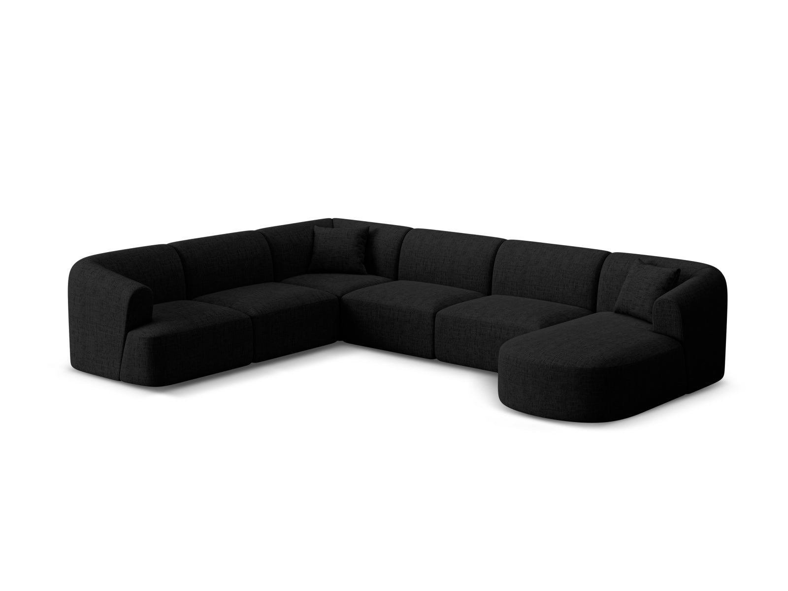 Stilvolles 7-Sitzer Ecksofa Panoramic links Campi in elegantem Schwarz, ideal für moderne Wohnräume, präsentiert von Cosmopolitan Design.